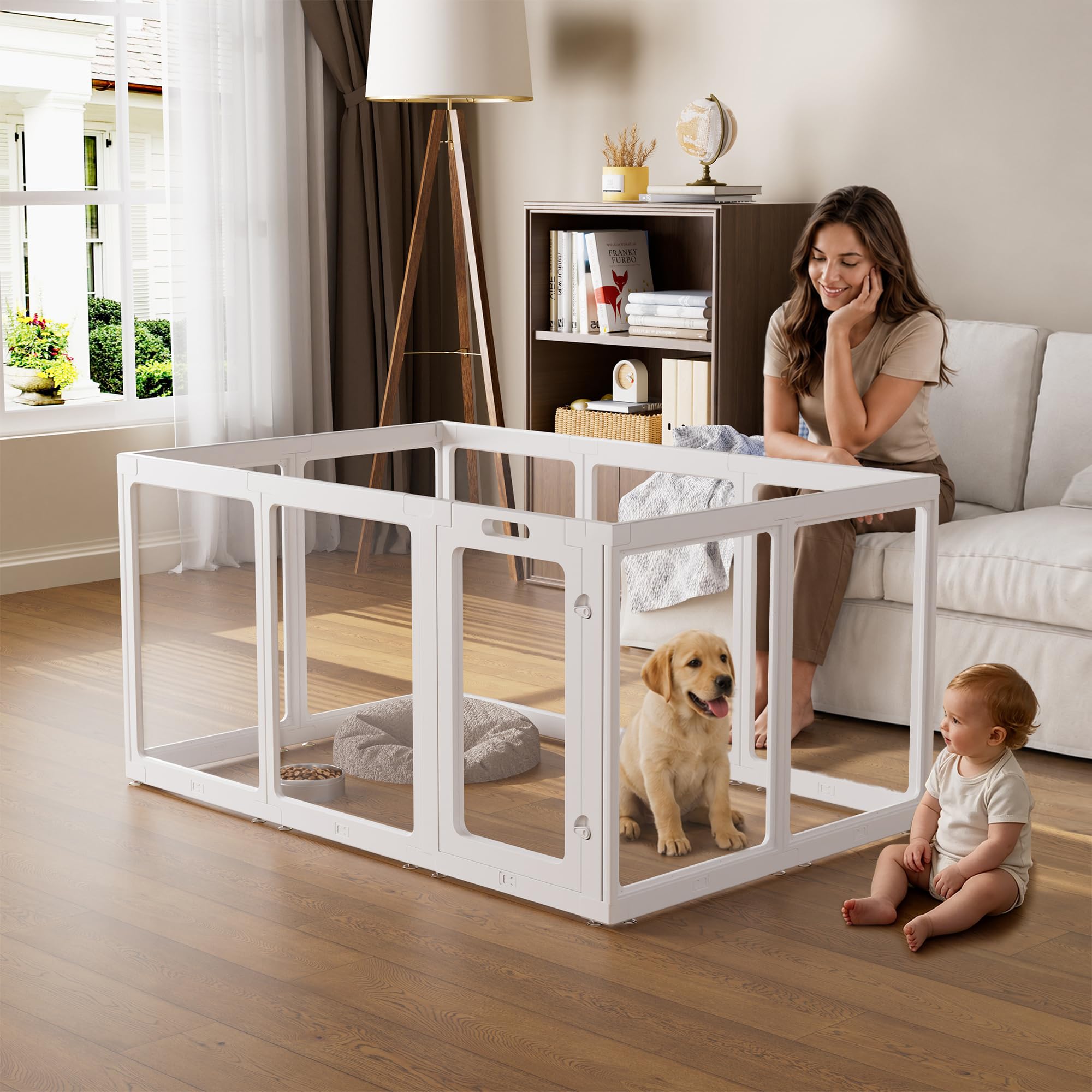 Clear Acrylic Dog Playpen Indoor Pet Pen, 35" H, White, 10 Panels