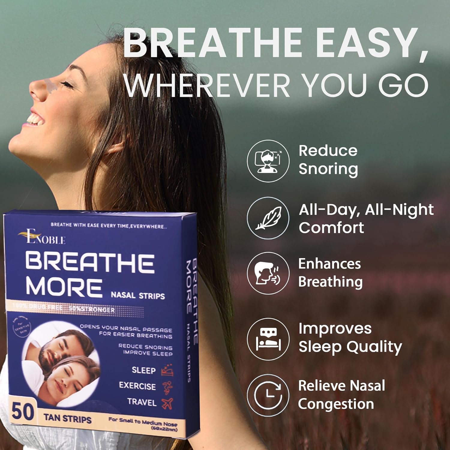 Breathe More Extra Strength Clear Nasal Strips for Snoring Relief & Easy Breathing | 50 Ct |Wide Fit | Latex-Free, Drug-Free | Strong Adhesion | Sensitive Skin | Cold & Allergy Congestion Relief - Image 5