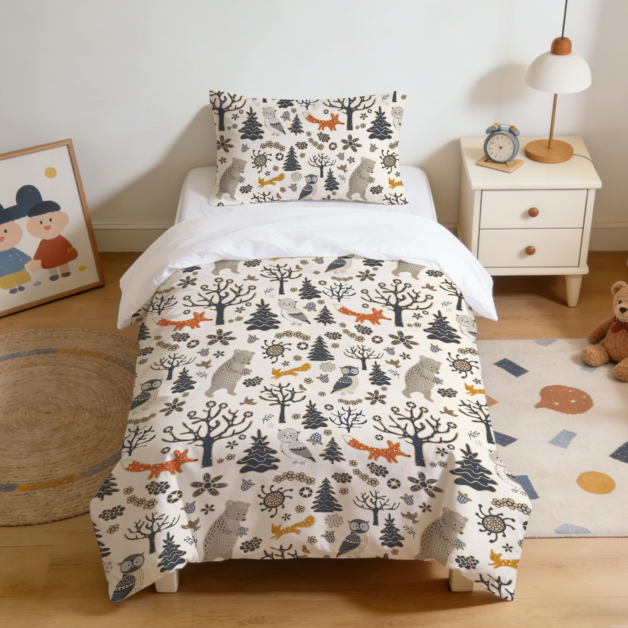 DJDEA Animal Toddler Duvet Cover Set 120x150cm, Animals Pattern Print Duvet Cover Set, Cot Bedding Set for Boys Junior/Cot Bed Microfiber Quilt Cover Matching Pillowcase 40x60cm