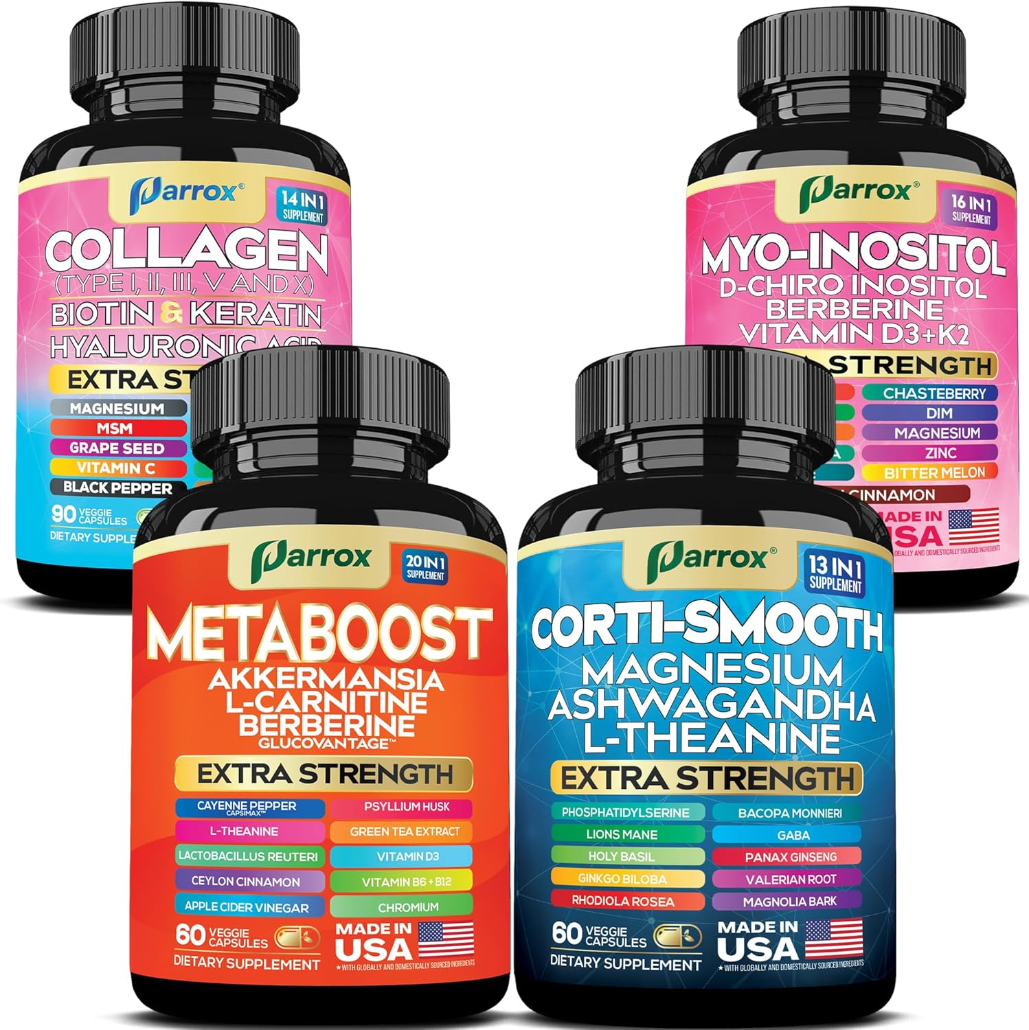 Complete Wellness Bundle – Collagen Peptides, Myo-Inositol, Cortisol Support & 20-in-1 Metaboost with Berberine, Magnesium, Biotin, Probiotics