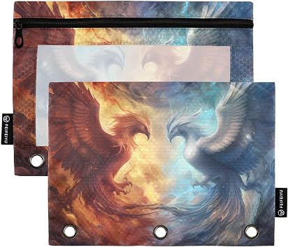 Ice-fire Phoenixs Pencil Pouch for 3 Ring Binder with Zipper 2 Pack Binder Pouches Cosmetic Bag with Clear Window