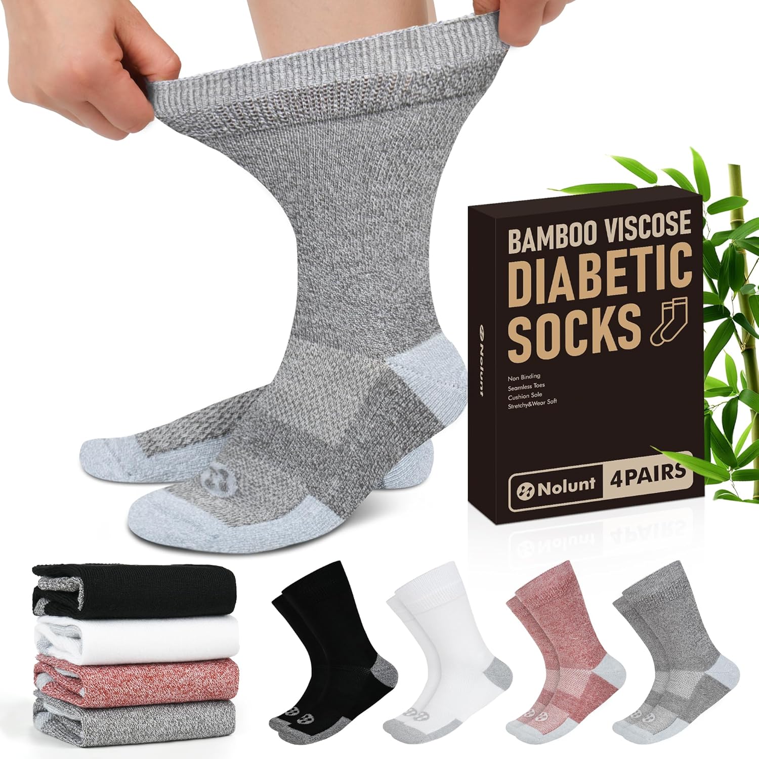 NOLUNT Diabetic Socks for Men,4 Pairs Crew Diabetic Neuropathy Socks for Men Size 9-11/10-13/13-15.