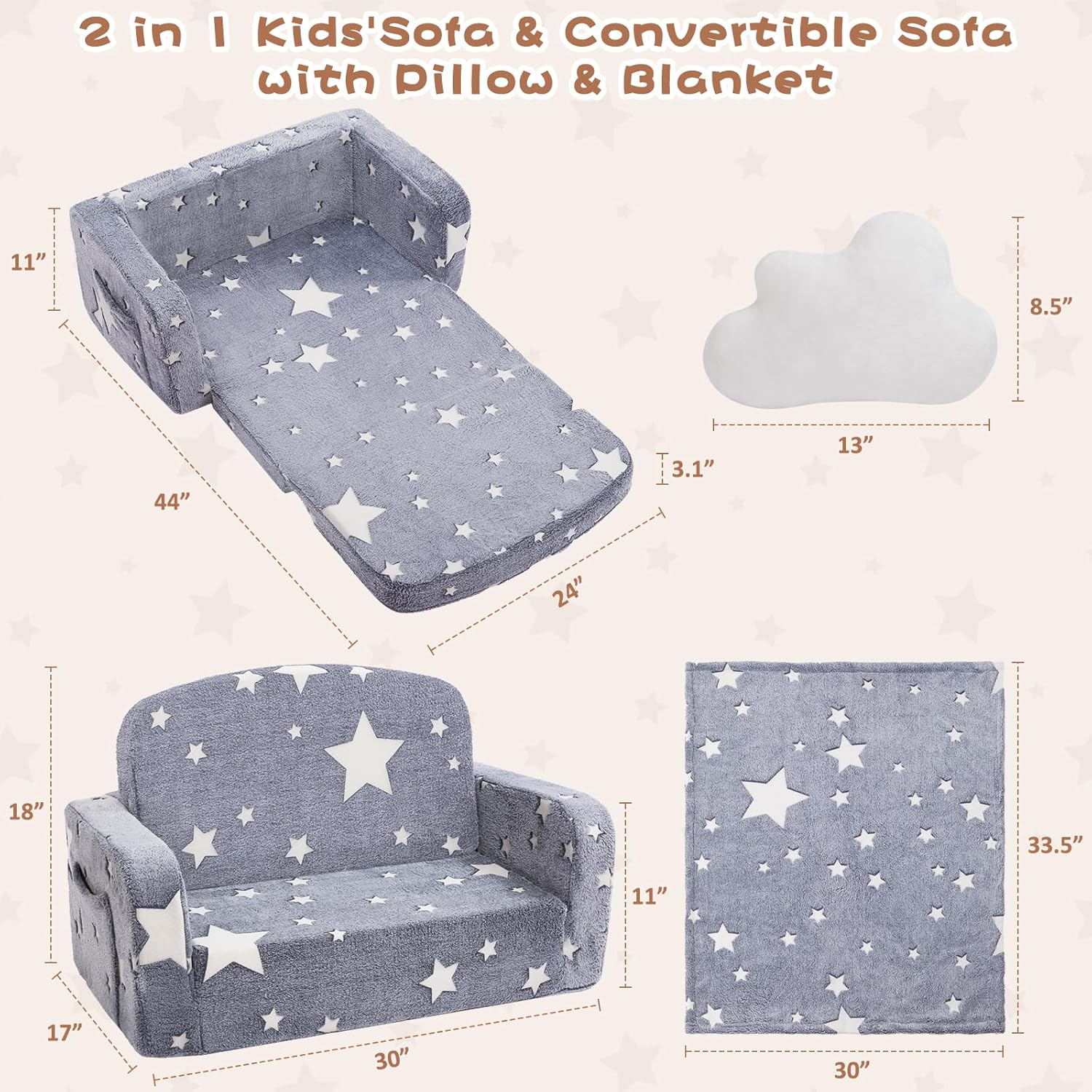 Extra Wide Kids Couch, 2-in-1 Soft Couch with Blanket, Glow in The Dark, Comfy Chair with Cloud Pillow, Convertible Sofa, Star - Image 2