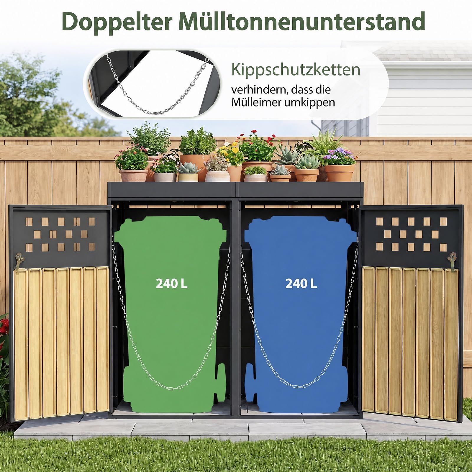 COSTWAY Mülltonnenbox 2er für 2 Tonnen aus verzinktem Stahl mit Pflanzdach | Mülltonnenverkleidung mit abschließbarem Griff, verstellbaren Fußpolstern & Sichtstreifen in Holzoptik, 132 x 80 x 124 cm