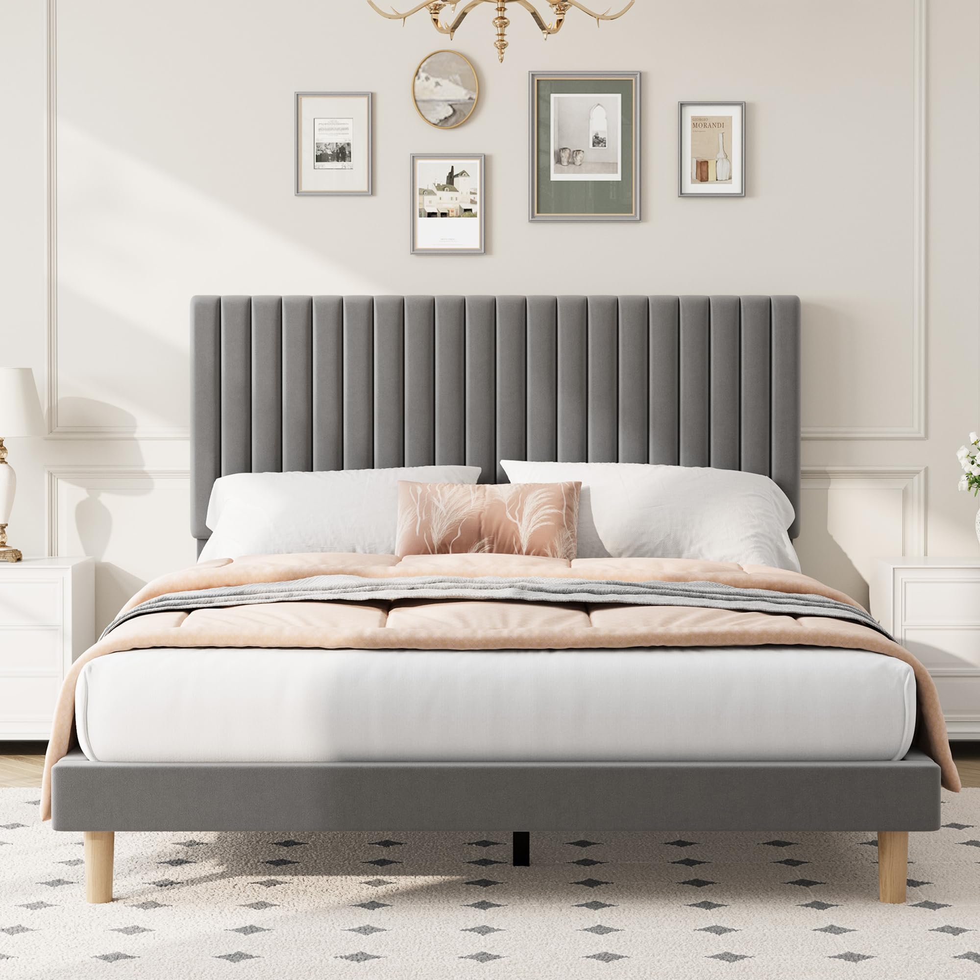 IDEALHOUSE King Bed Frame with Adjustable Headboard, Velvet Upholstered Platform King Size Bed Frame, Vertical Channel Tufted, Strong Wooden Slats, No