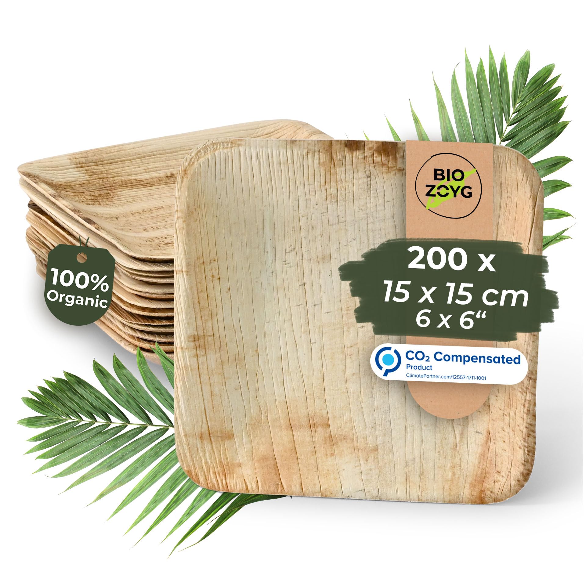 BIOZOYG 200x piatti in foglia di palma 15 x 15 cm - Piatti monouso compostabili e naturali - Stoviglie per feste quadrate