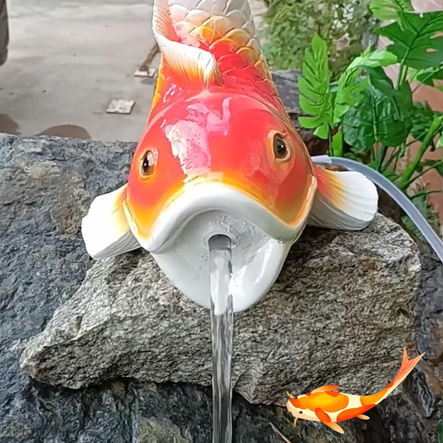 Garden Decor Koi pond spitter, Koi pond spitters for small ponds, Koi Fish fountain spitter with Hose, pool fountains for above ground pools, Painted Koi Figurine, for Water Gardens and Koi Ponds(28*2