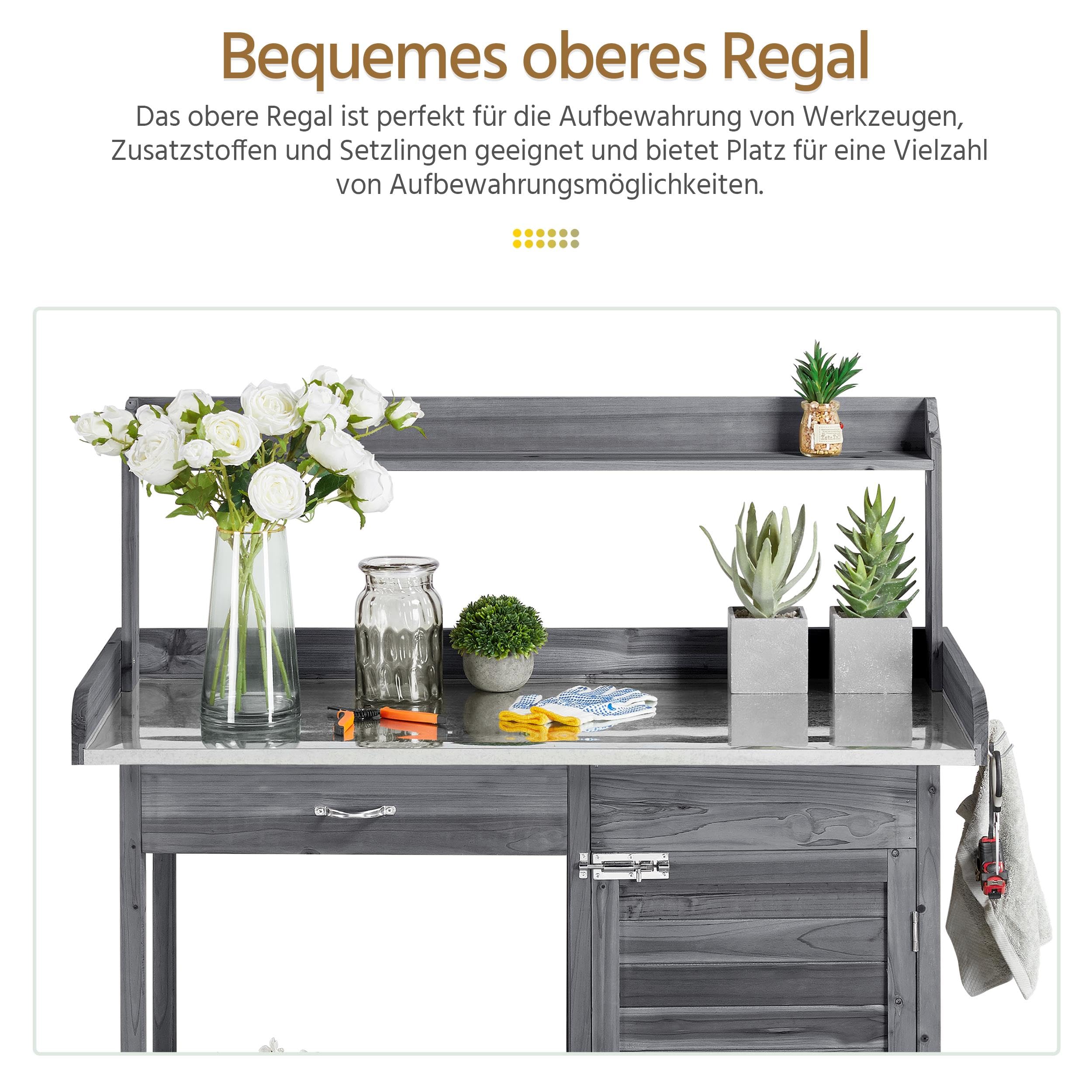 Yaheetech Mesa para Plantas con encimera galvanizada, Resistente a la Intemperie, Mesa de jardinería, Mesa de Madera con Armario Inferior, Estante y cajón para el jardín/terraza/balcón (610922 Gris)