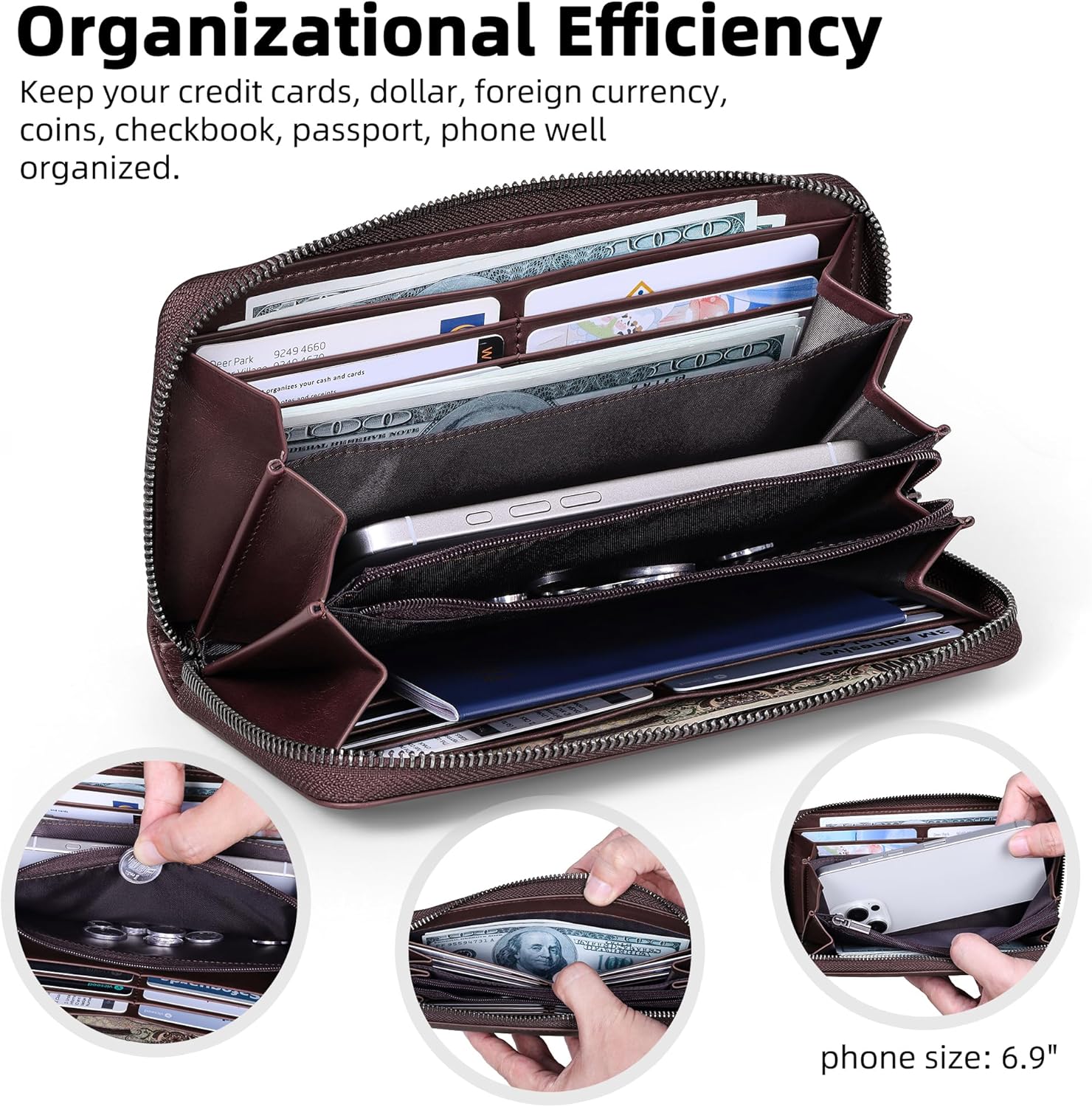VISOUL Leather Long Zipper Pouch Wallet for Men and Women with RFID Blocking, Large Clutch Cash Long Wallet with Zipper (Coffee) - Image 3
