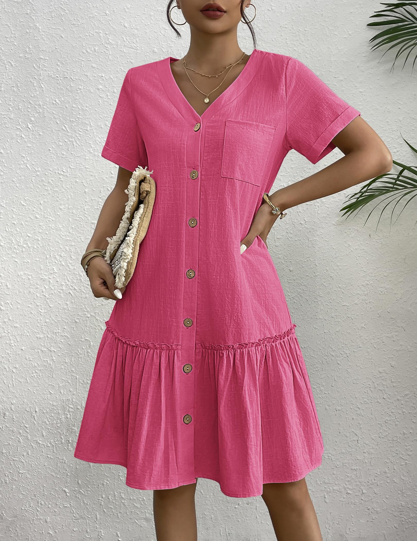 Hotouch Robe d'été boutonnée en lin pour femme - Robe de plage décontractée - Col en V - Mini robe à manches courtes - Robe trapèze - Robe à volants