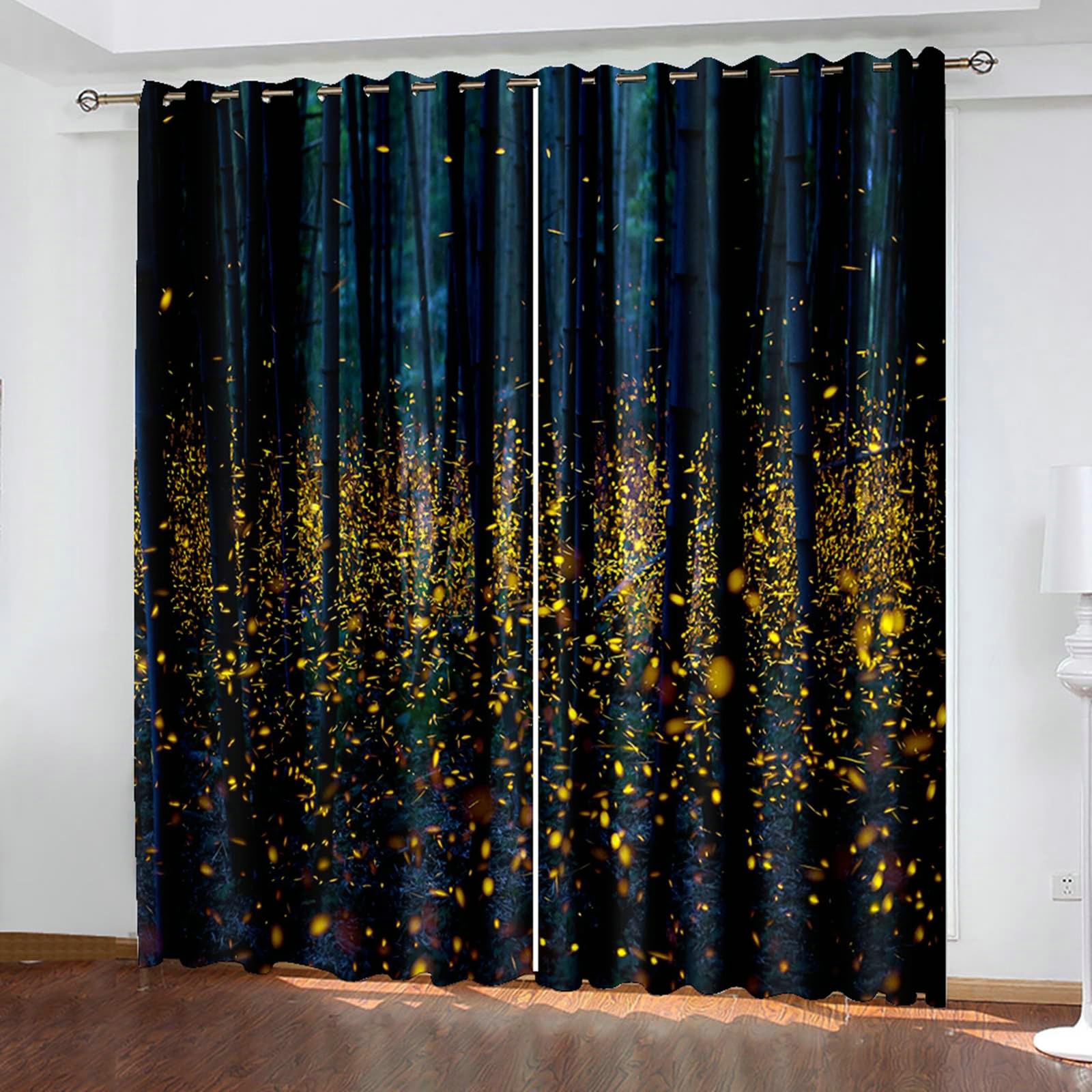 Vorhänge Verdunkelung, Gardinen Blickdicht Leuchtkäfer Nachtwaldlandschaft 2er Set H 160 x B 86 cm Abdunkelnde Vorhang Ösen für Wohnzimmer