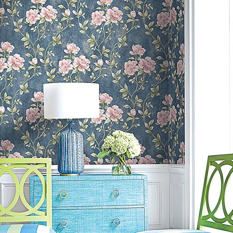Amazon Haokhome Diy ヴィンテージビクトリア花の壁紙ロールジーンズブルー グリーン ピンク ライトゴールドフランスの花家のベッドルームの装飾 53cm 10m 並行輸入品 壁紙