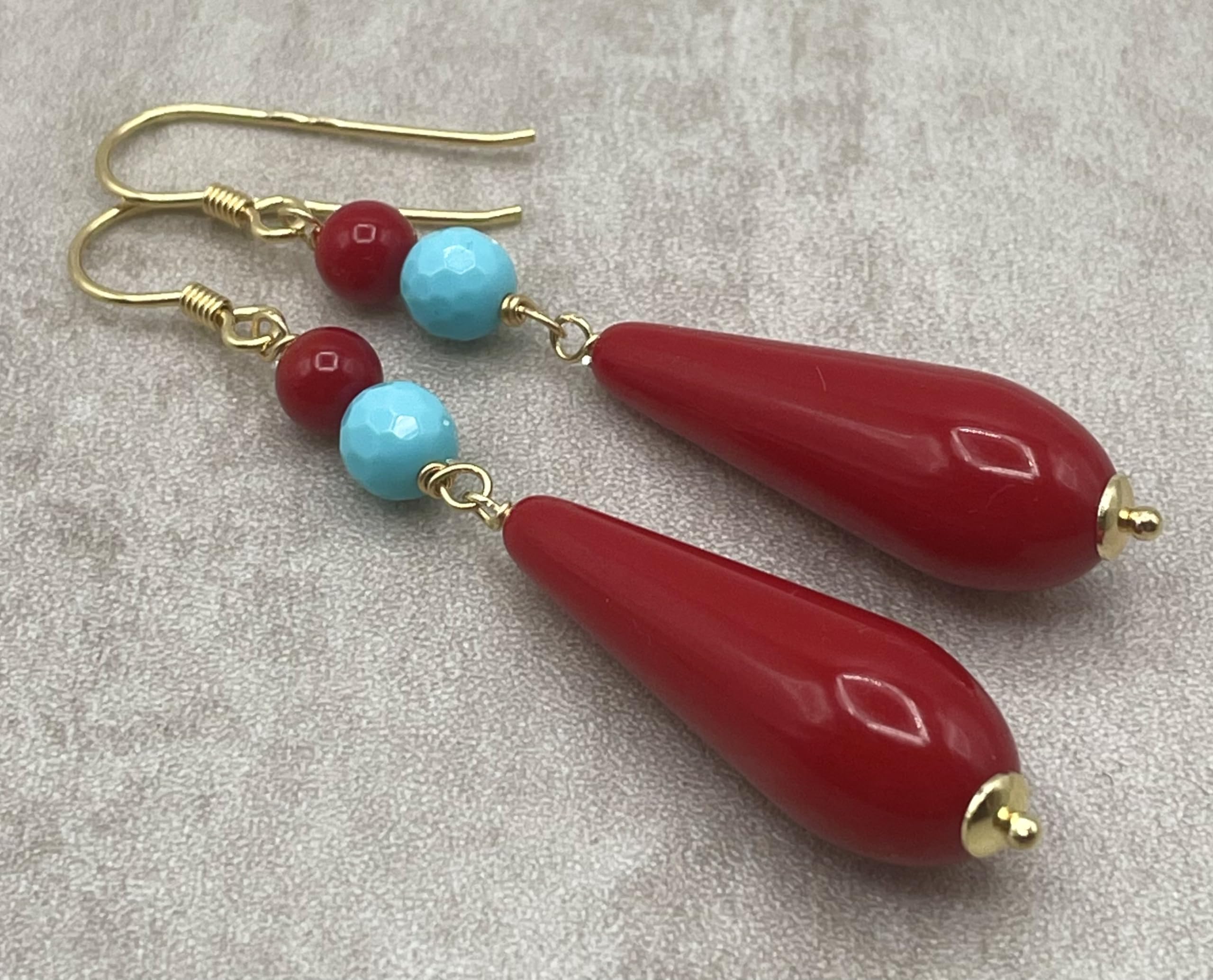 Orecchini con Gocce Rosse Corallo e Turchesi, Pendenti Lunghi, Vermeil Oro 24 K, Gioielli Artigianali, Bijoux Estate, Made in Italy