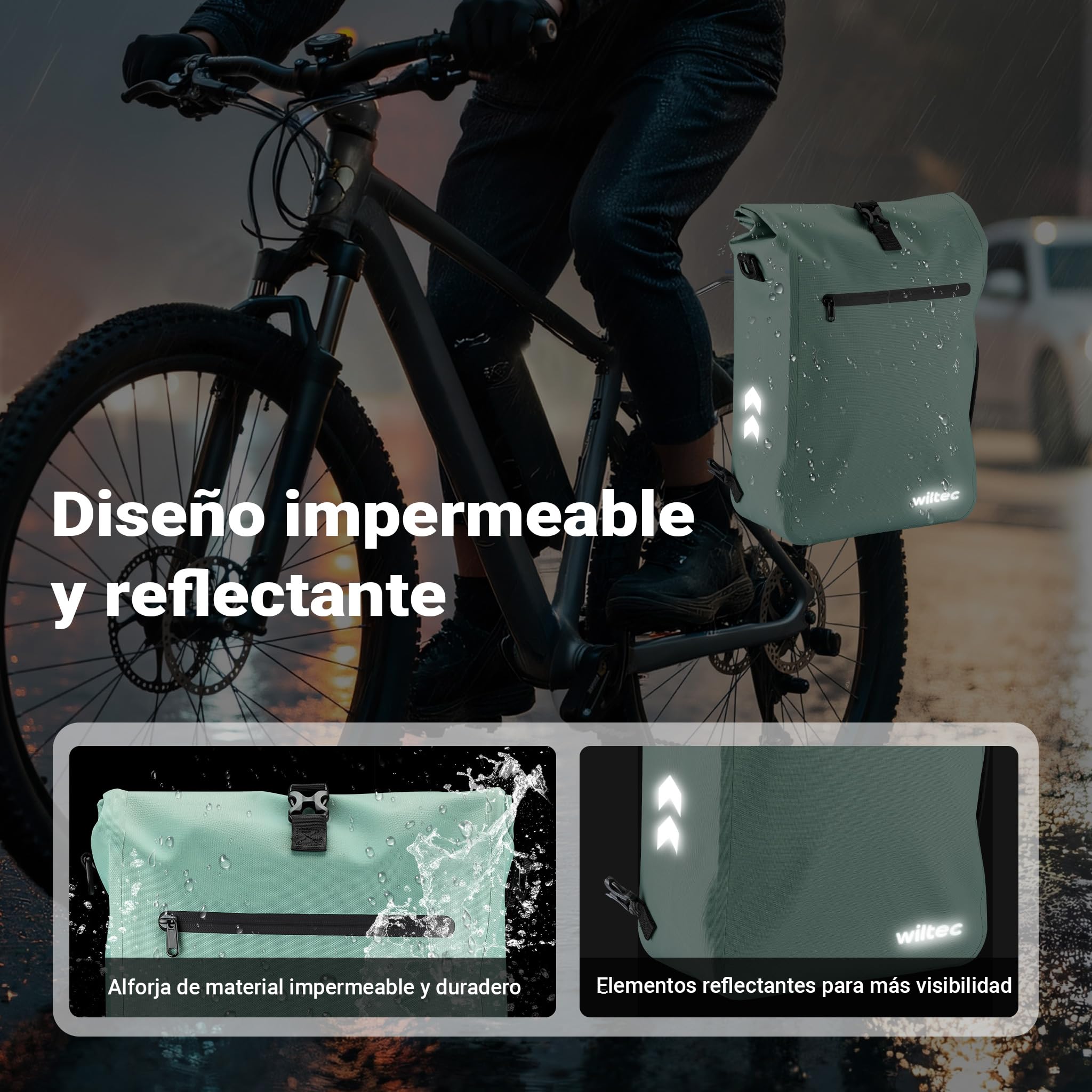 WilTec Bolsa versátil para Bicicletas 25 L Verde Claro Resistente a la Lluvia con Compartimento para portátil fácil instalación en portabultos Ideal para Ciclistas urbanos y excursiones