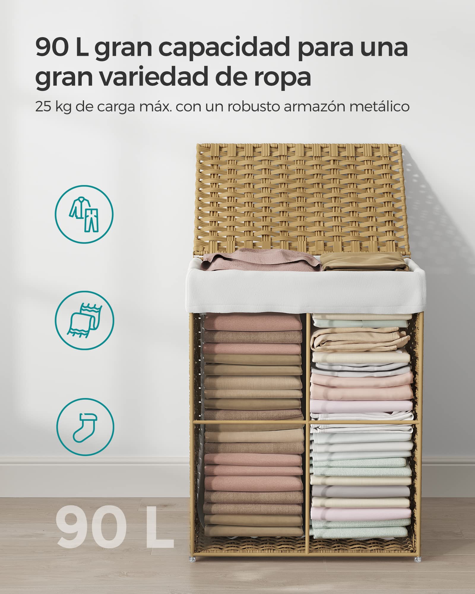 SONGMICS Cesta de Almacenamiento 90 L con Tapa Plegable Bolsas de Tela Extraíbles Natural LCB51NL