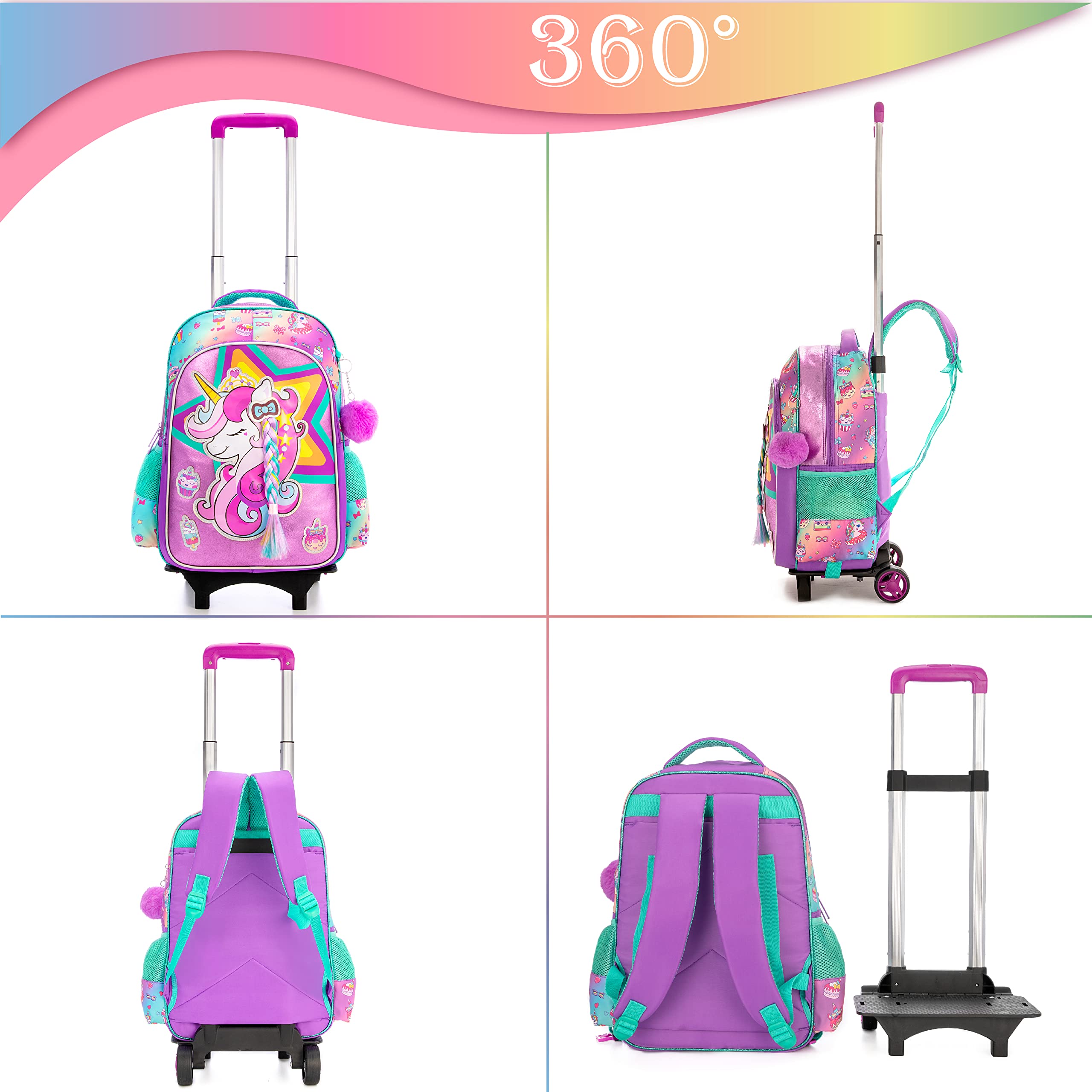 HTgroce Zaino Scuola Elementare Bambina Trolley 16 inch Zaino Trolley con Astuccio e Pranzo al Sacco, Zaino con Ruote Scuola Elementare Bambini Buono per la Scuola e i Viaggi