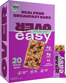 OVER EASY Oatmeal Raisin Mini Breakfast Bars (20ct) 100 Calorie Snack Bars - All Natural Mini Snacks with 4g Protein & 3g Fiber- Dairy Free, Soy Free, Gluten Free Bars