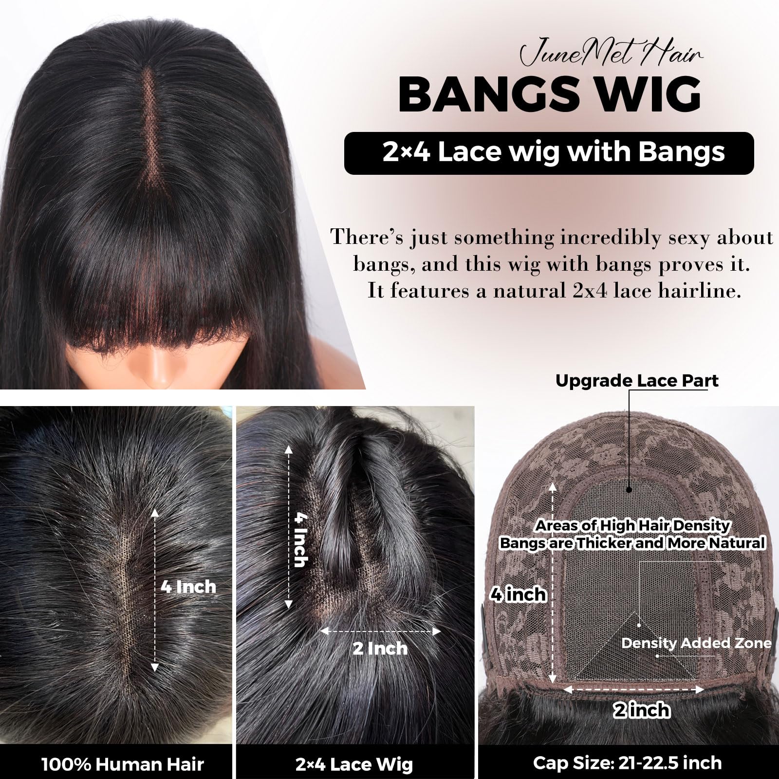 Junemet Straight Human Hair Wig with Bangs Wear and Go Glueless Bone Straight Closure 2X4 Lace Front Brazilian Glueless Black Wig with Fringe Human Hair Wigs 18 Inch - Image 4