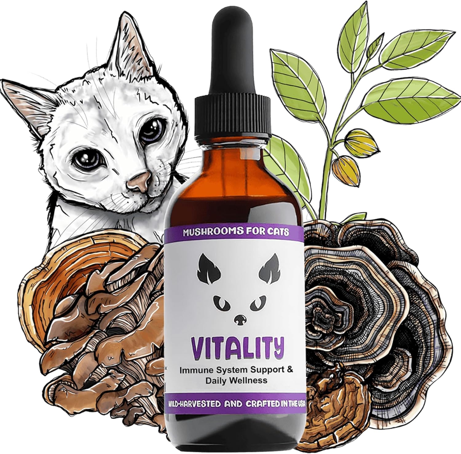 MycoCat Vitality - 20-in-1 Mushroom Extract & Adaptogen Tincture - Liver Support for Cats with Shiitake Mushrooms, Turkey Tail, Chaga, Maitake & Reishi for Felines with Debilitating Conditions