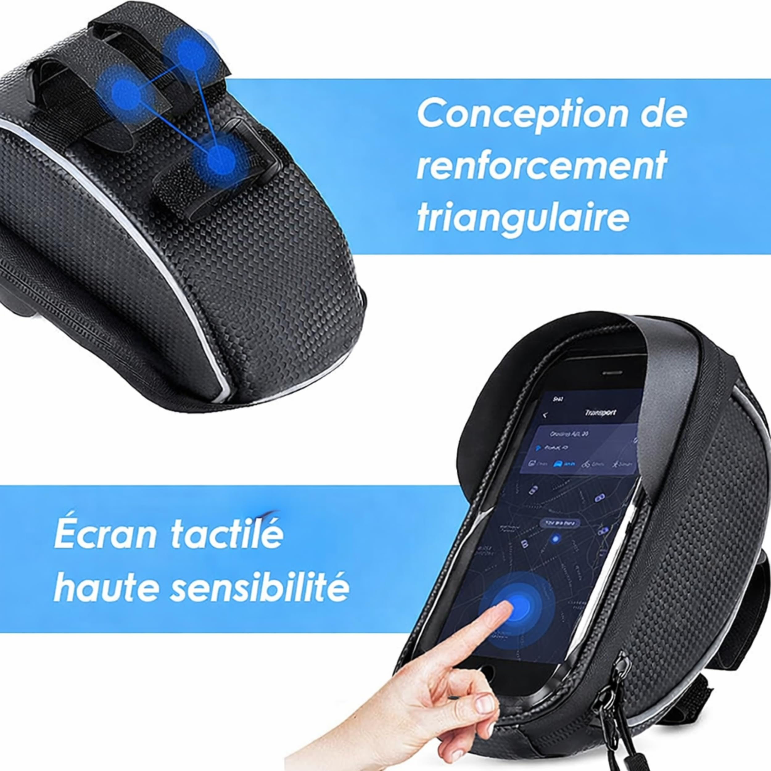 PARENCE. Sacoche Étanche Porte-Téléphone Vélo – Fixation Cadre/Guidon – Façade Tactile – Double Zip – Noir – Jusqu’à 6,8”