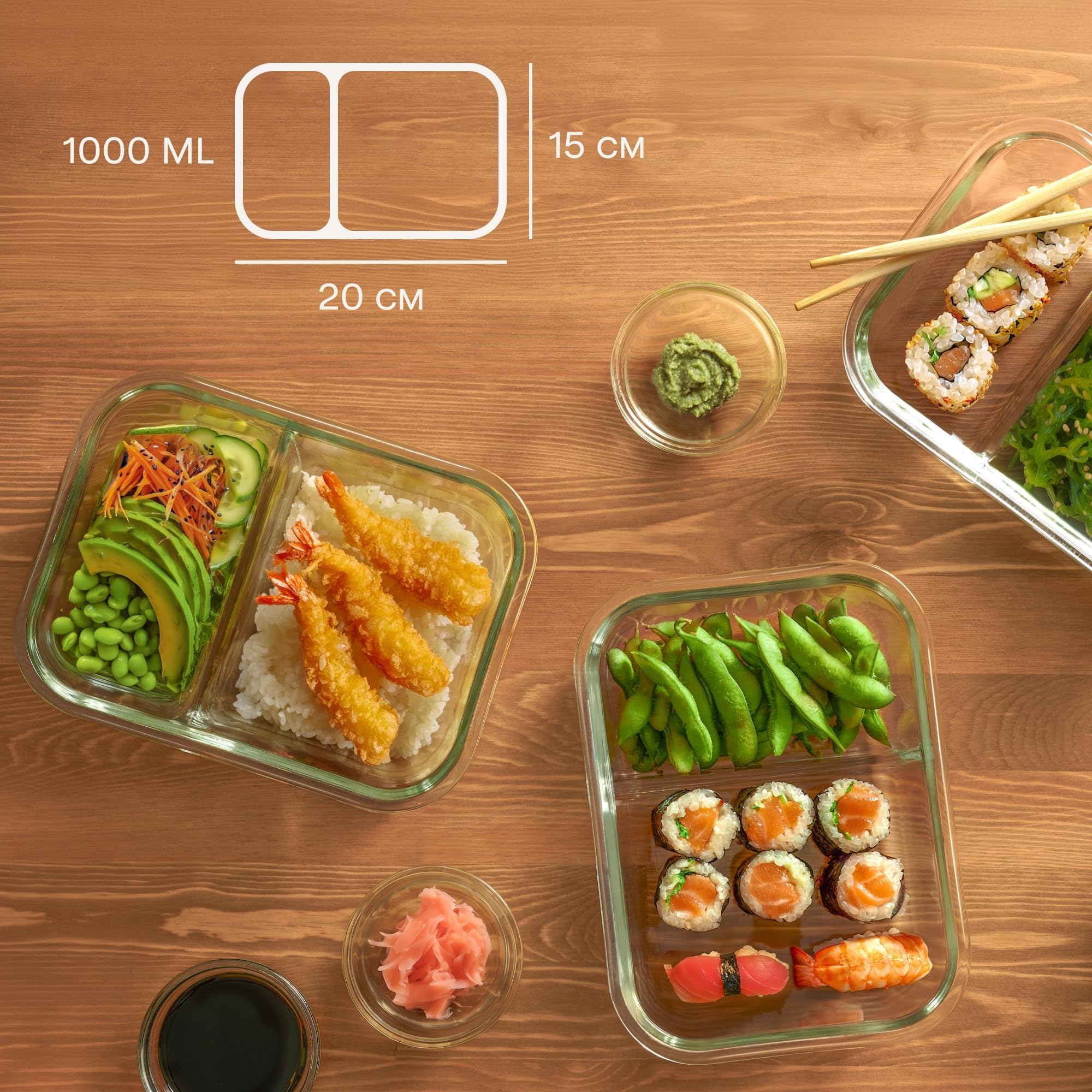 Praknu Meal Prep Contenitori con 2 Scomparti - 2 Pezzi Contenitori in Vetro Ermetici per Alimenti 1000ml - Per Microonde, Lavastoviglie, Forno