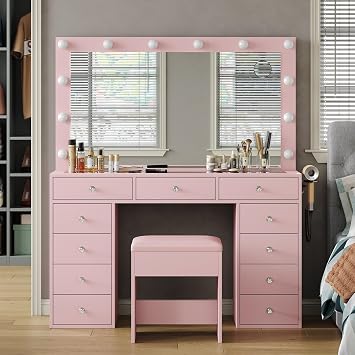 Yanosaku 11 Drawers Vanity Desk, Makeup Vanity with Power Outlet, Glass Top, Vanity with Mirror and Light, 3 Color Option, Brightness Adjustable, Dressing Table for Bedroom