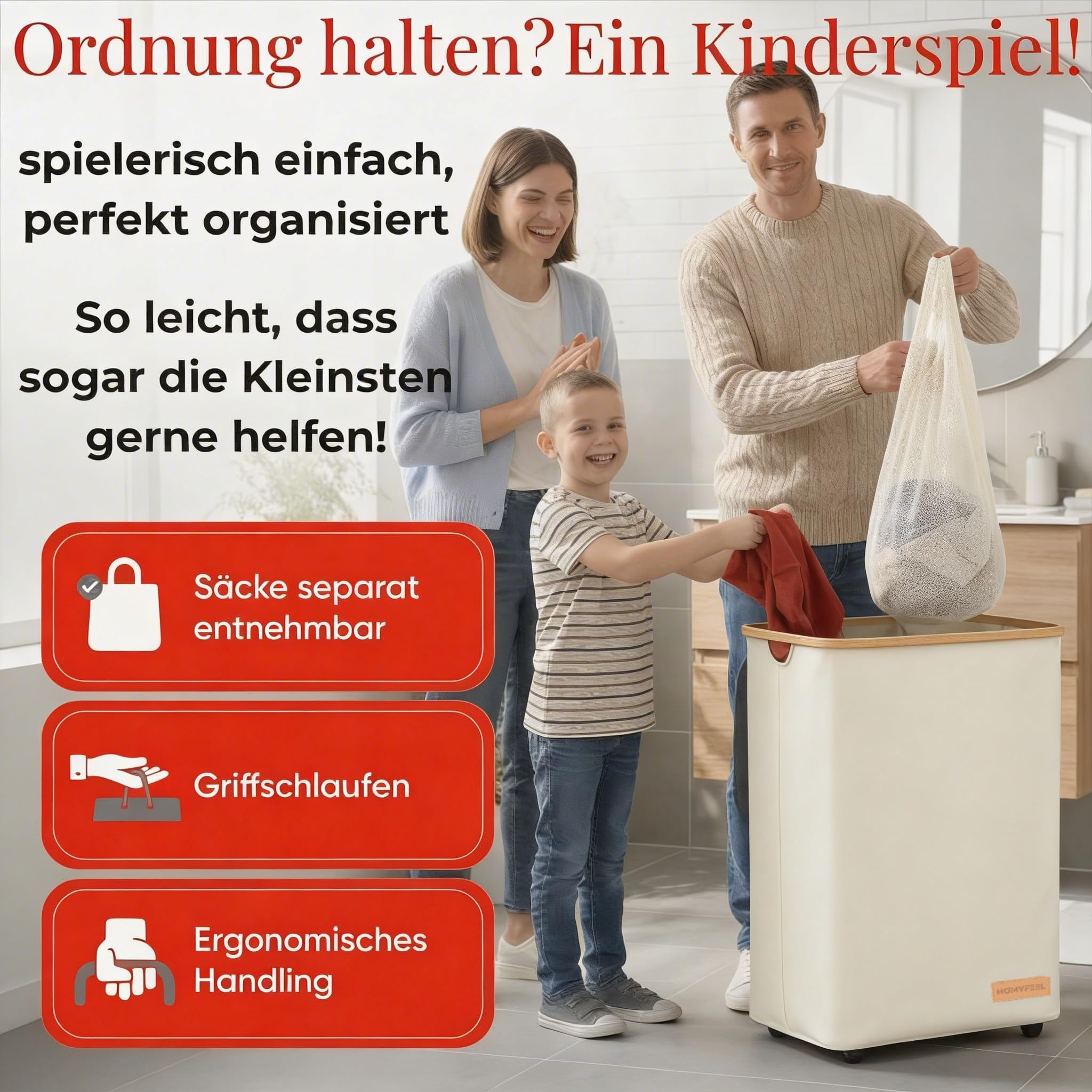 HomyFeel - Wäschesammler 3 fächer rollbar, 160L, Wäschekorb mit Deckel, herausnehmbare wäschesack, Wäsche sortiersystem, Oxford Gewebe, Wäschebox auf Rollen, Griffe aus Bambus, 57x37,5x79cm, Weiß - 4