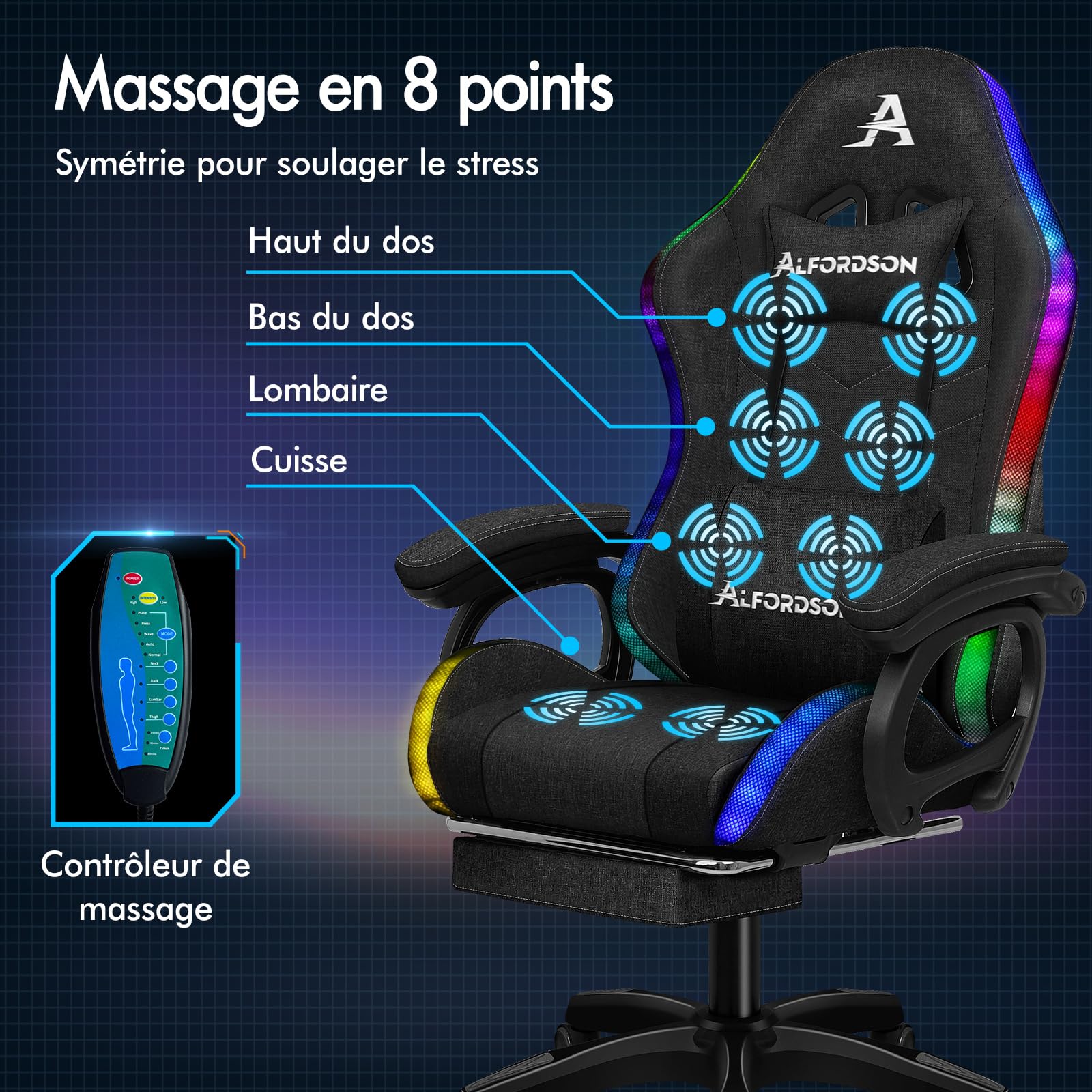 ALFORDSON Chaise de Gaming, Chaise de Joueur de Course avec Éclairage LED RVB, Fauteuil d'ordinateur Massant avec Repose-Pieds, Chaise Pivotante Ergonomique avec Dossier à Levier, Tissu, Noir