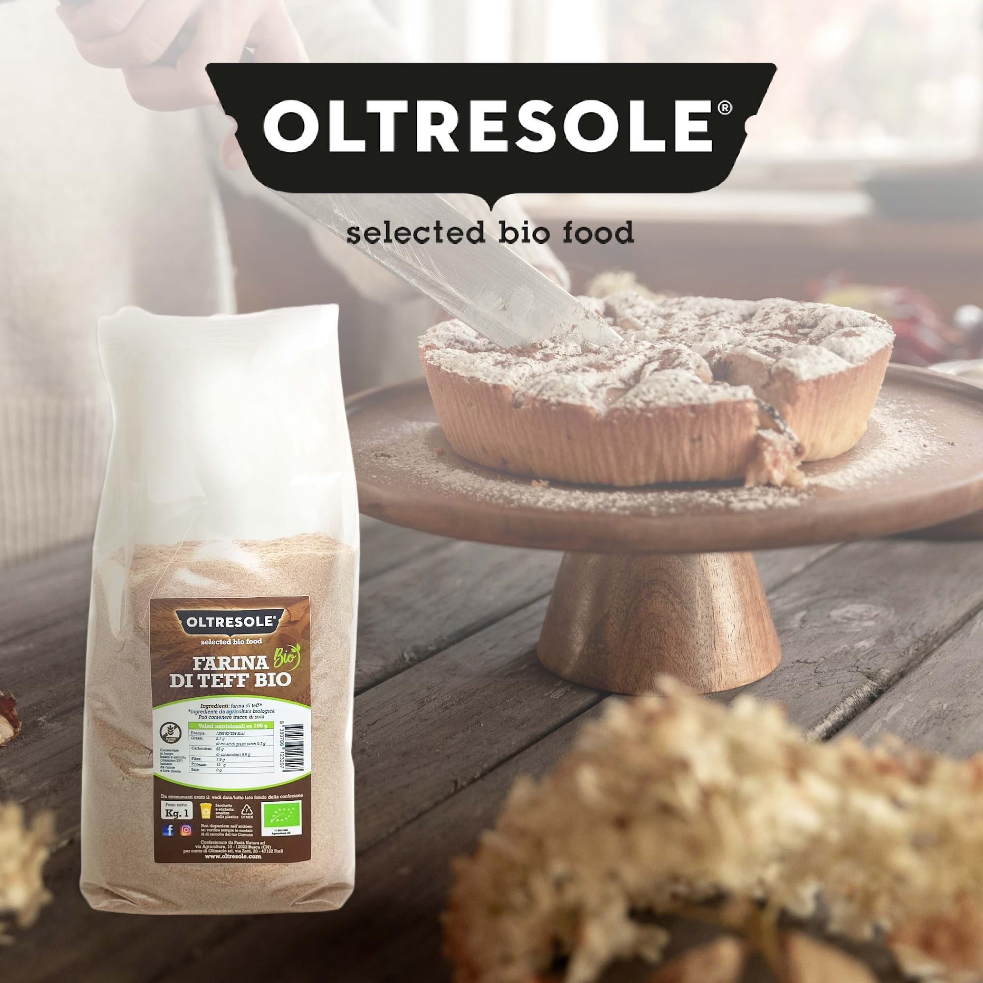 Oltresole | Farina di Teff Biologica Integrale - 1 kg | Farina Biologica Integrale Ricca di Fibre e Proteine, Versatile per Ricette Dolci e Salate | Senza Glutine, Vegana e Senza OGM