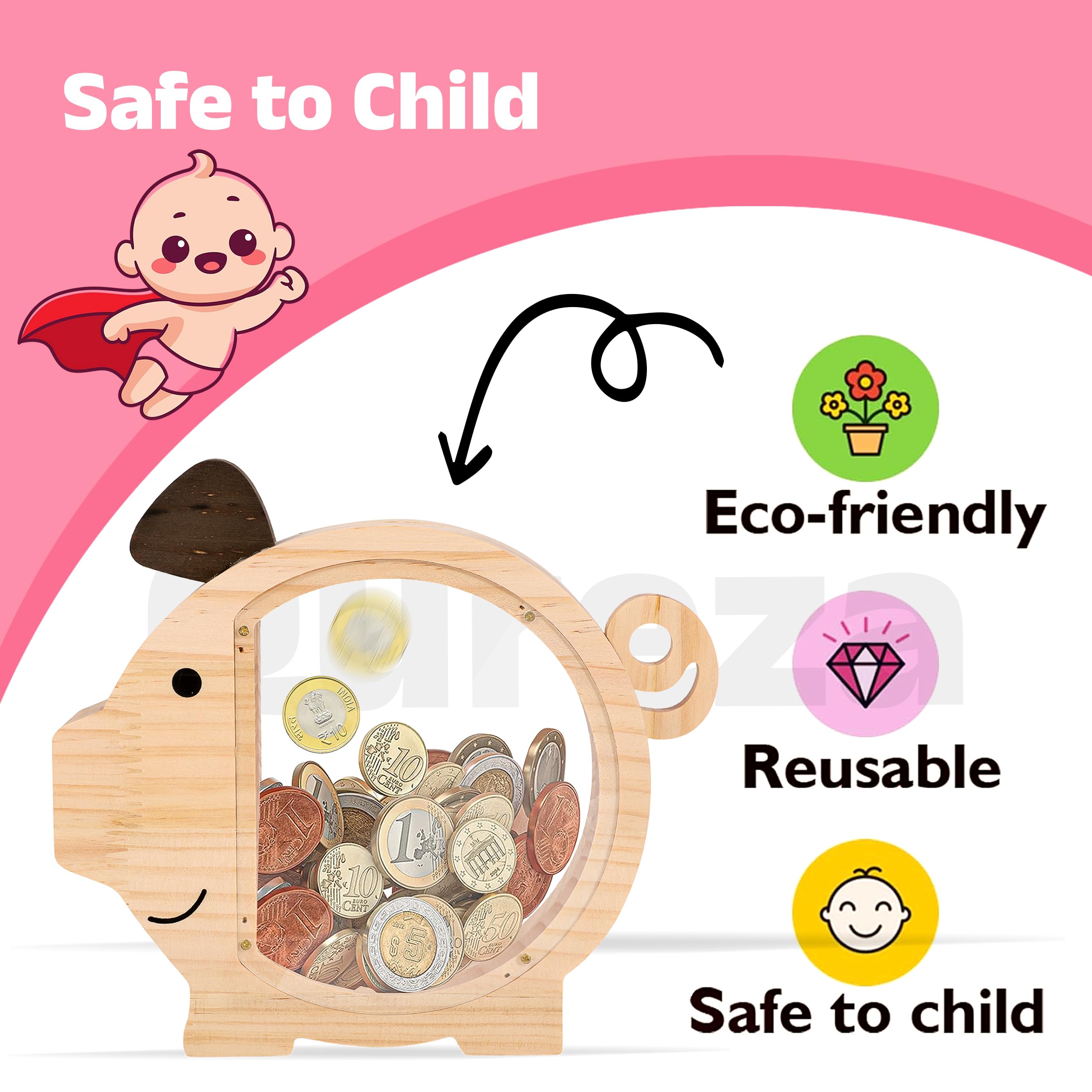 Qureza Wooden Big Cute Reusable Piggy Bank for Kids Boys Girls Adults Large transparant Coin Money Saving Box Creative Personalized Gifts for Child Birthday Cash Saving Unbreakable Smart Money Box 4