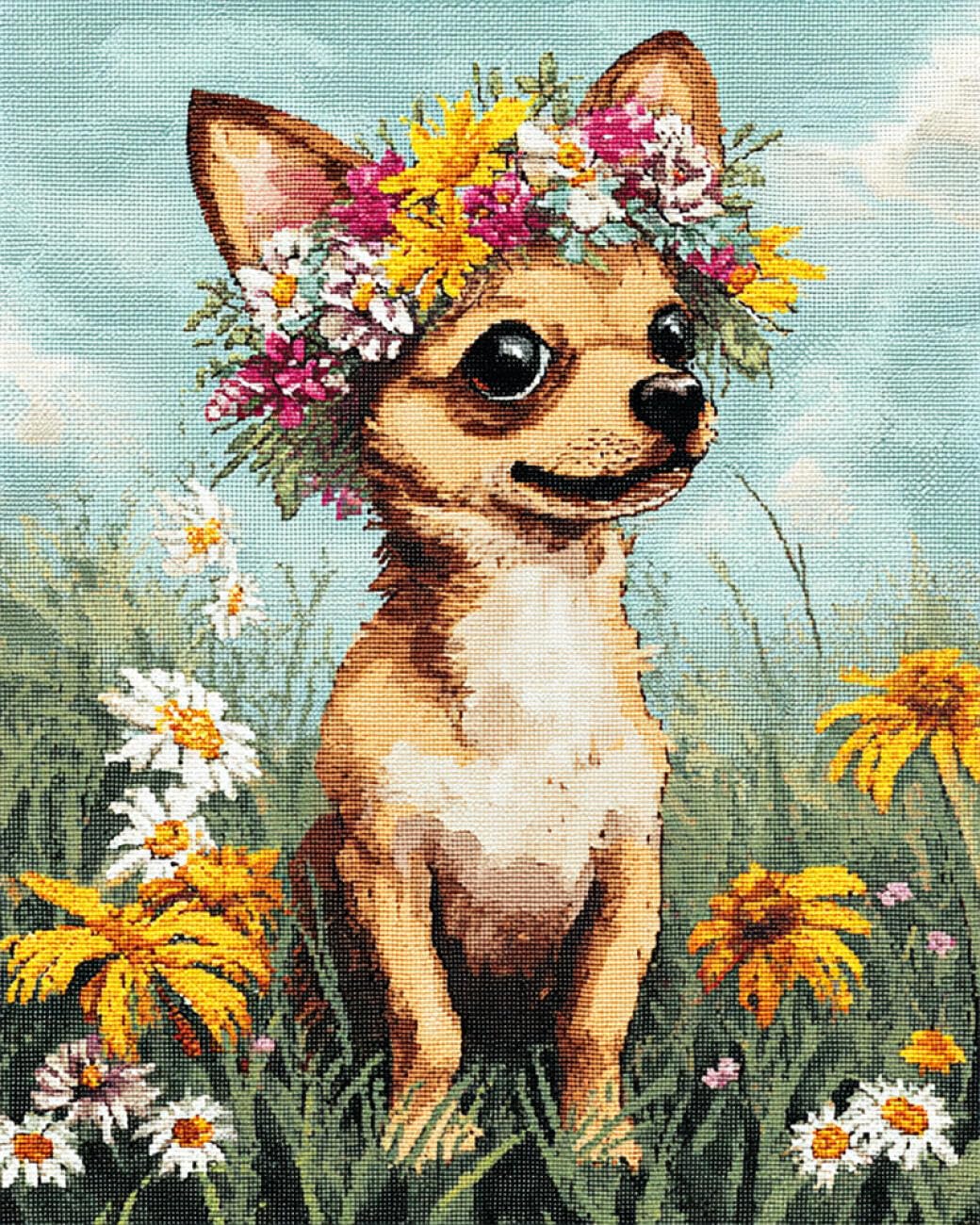 AxiangziK DIY Cross Stitch Kits Chihuahuas and Flowers 11CT 50x70cm