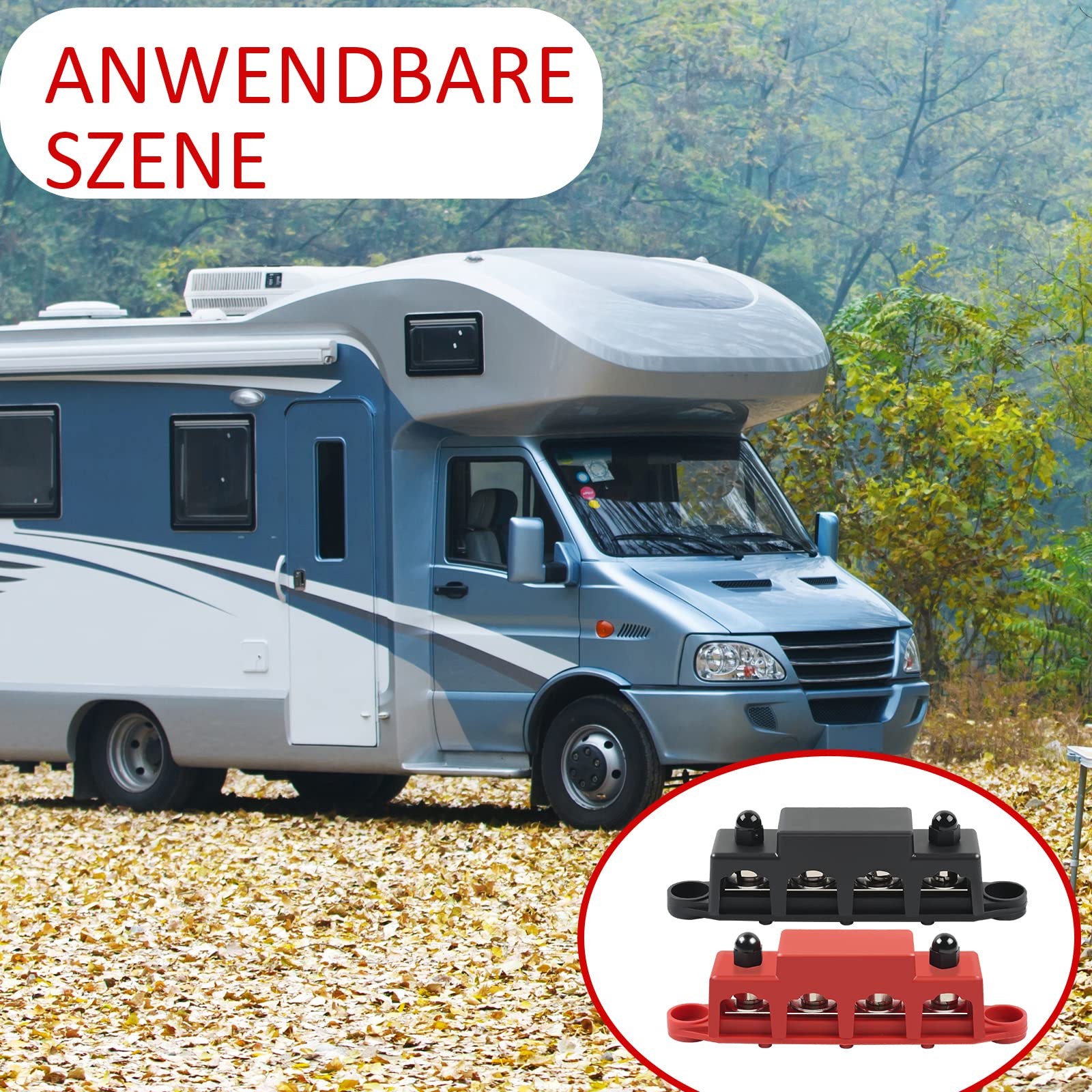 250 Amp Sammelschienen Verteilerblock, 4 x M8 BusBar Box, 12V-48V DC Klemmenbolzen Hochleistungsmodul, Stromverteilerblöcke für Auto RV Boat Yacht(Rot+Schwarz)