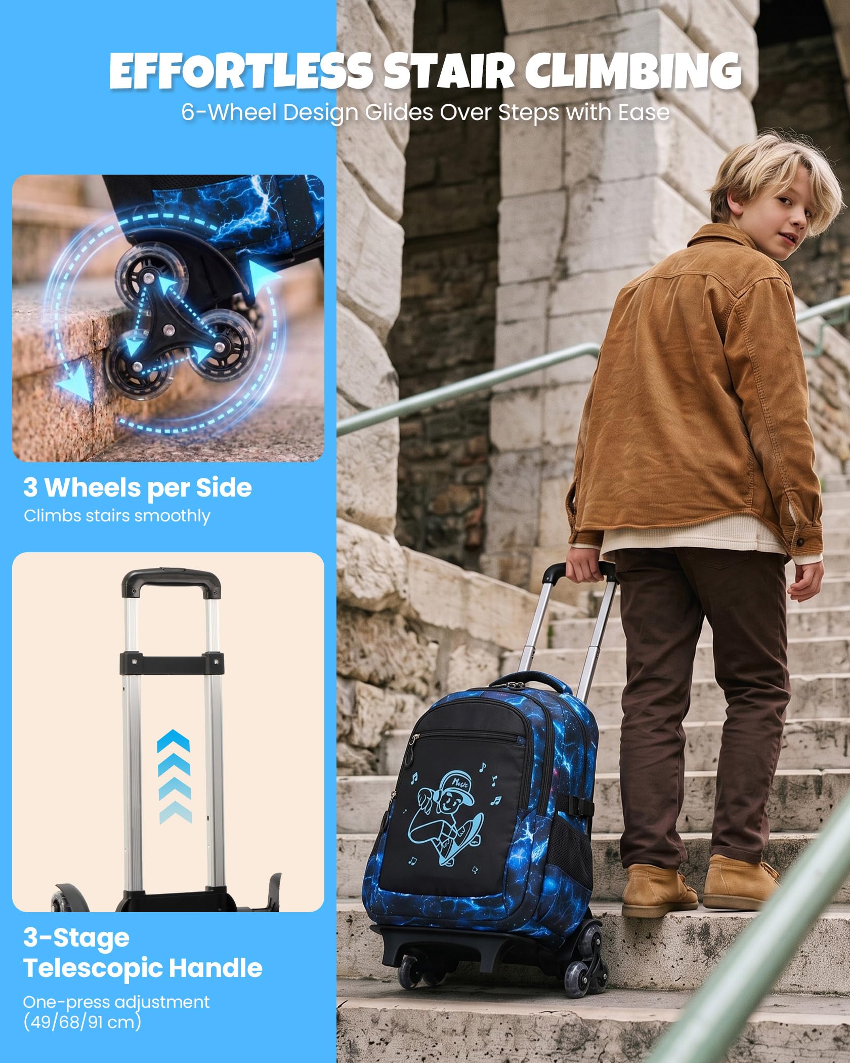 Amythe Schulrucksack Trolley Jungen, 6-Rollen für Treppen, mit Reflektoren | Schulrucksack mit Rollen für Jungen 9-16 Jahre (3.-9. Klasse), abnehmbarer Schultrolley, Schulranzen-Set für Schule Reisen