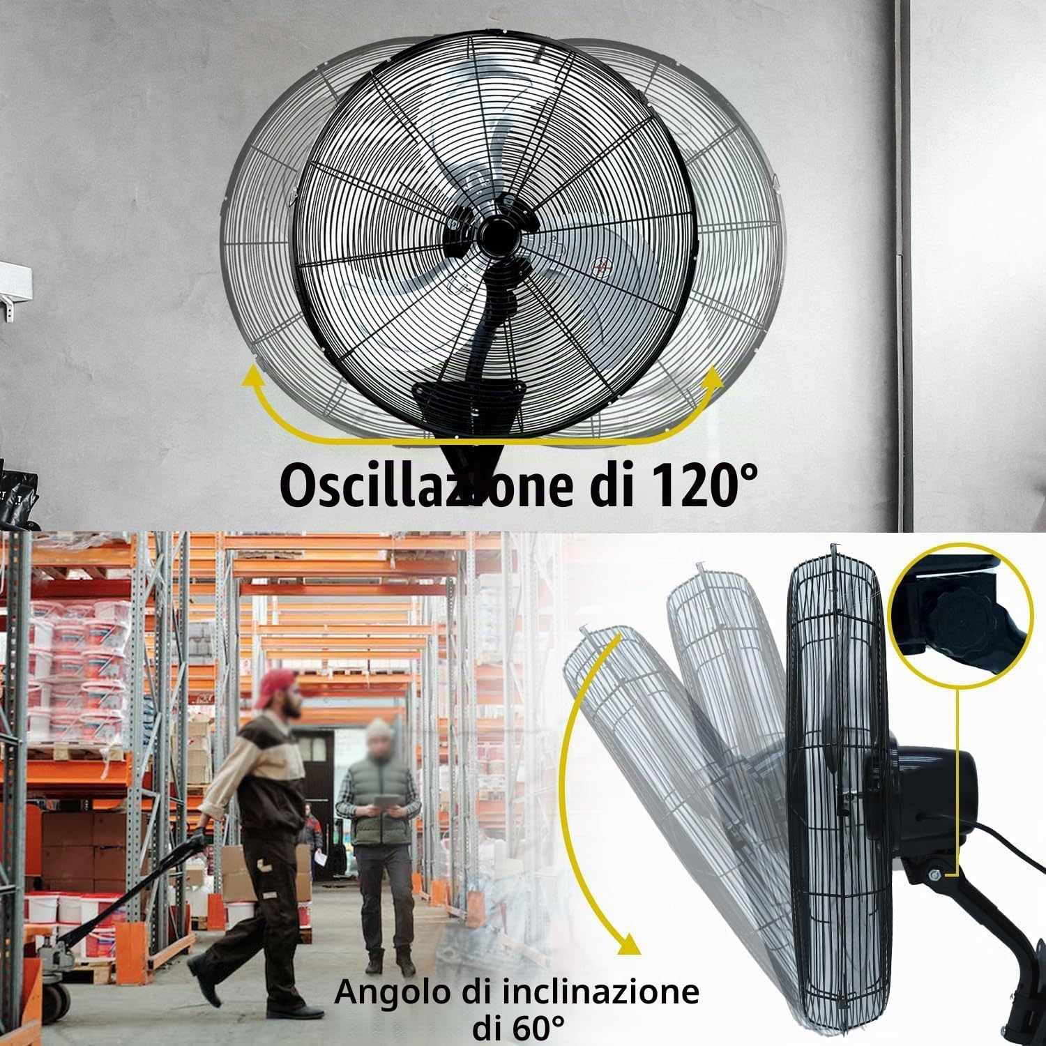 Ventilatore Industriale Da Parete, 3 Velocità, 3 Pale, Ventilatore Oscillante Per Officina, Garage, Casa Di Lavoro, Serra, Fattoria, Negozio(65cm/26in)