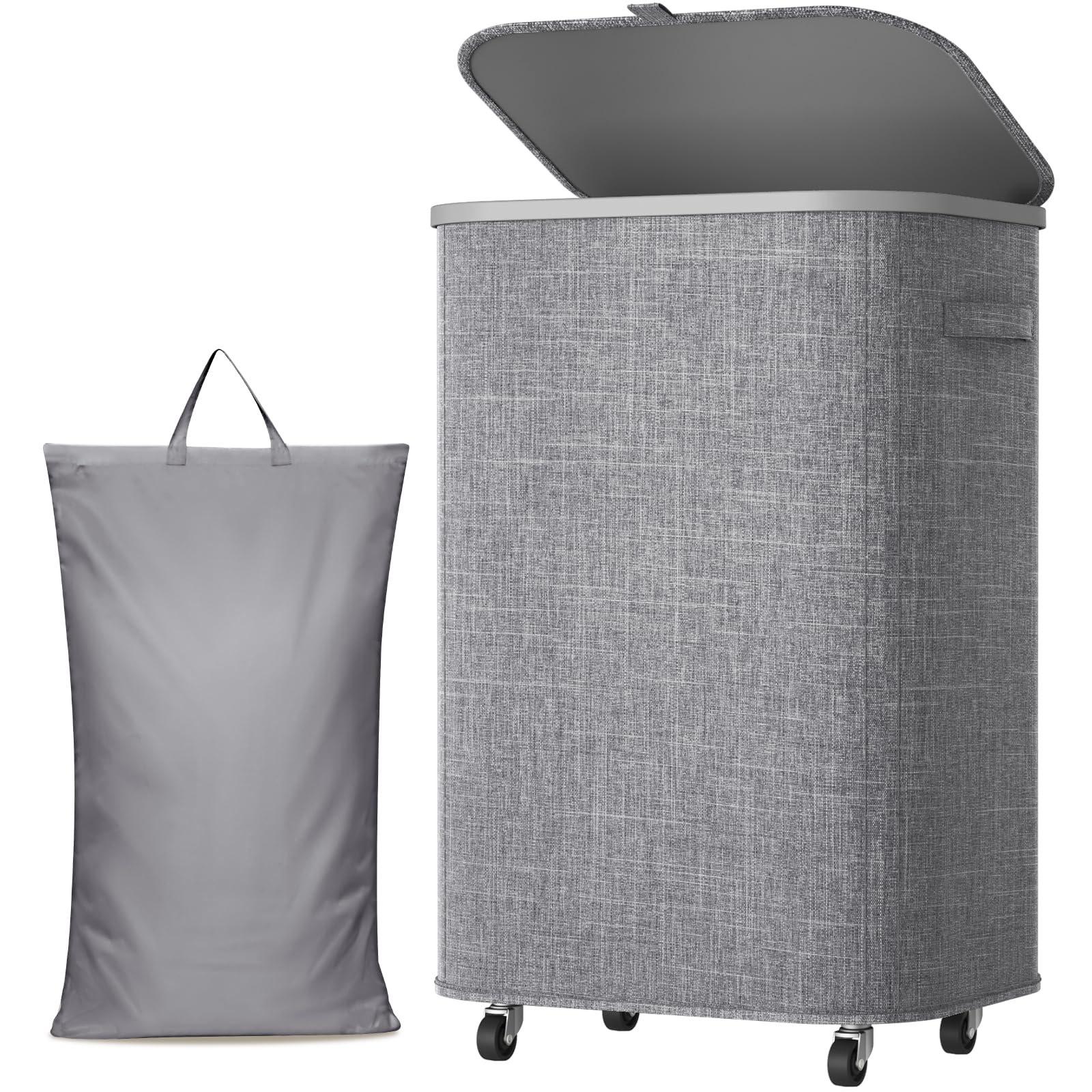Lifewit 85L Foldable Laundry Basket with Wheels and Lid, Light Grey