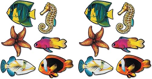 Beistle Recortes de pescado 12 piezas, 14.25 - 16.75 pulgadas, multicolor