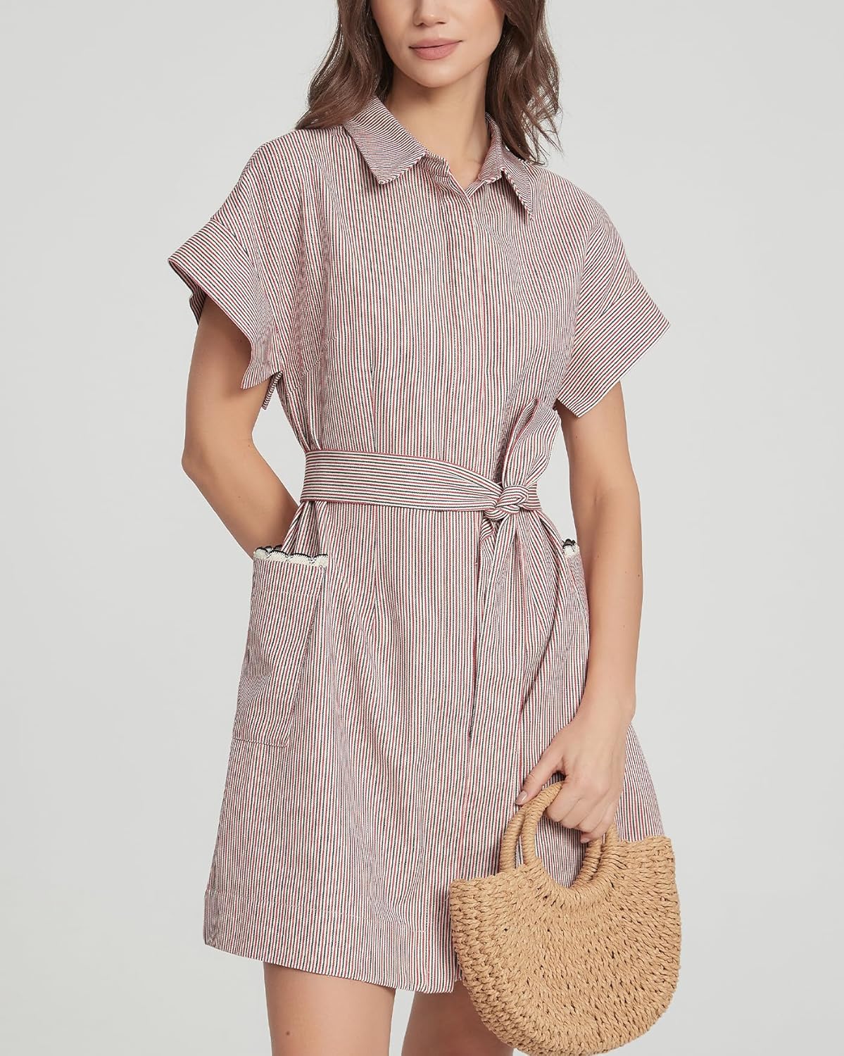 Women's Short Sleeve Striped Mini Shirt Dress Casual Summer Button Down Belted Tunic Dresses with Scalloped Pockets