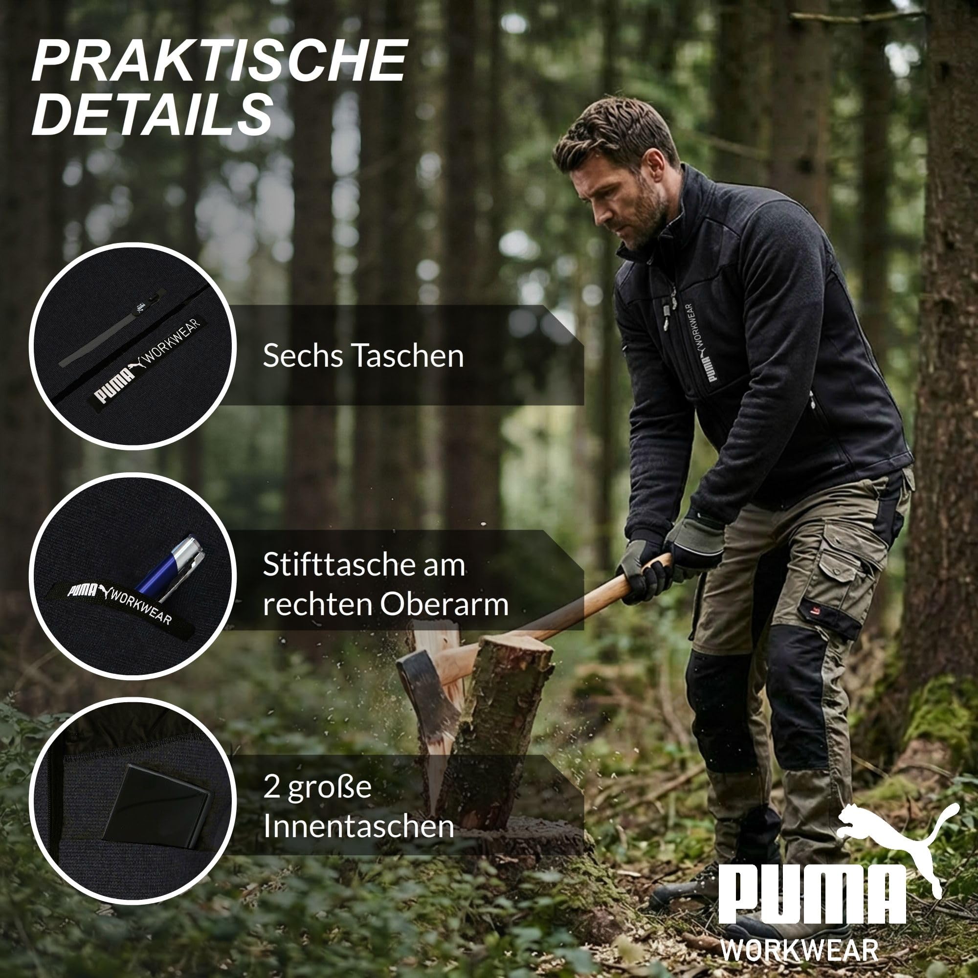 PUMA Veste polaire Workwear pour homme - Col montant - Dos allongé - Poche pour stylo sur le bras droit - 6 poches - Deux poches poitrine et latérales - Deux grandes poches intérieures