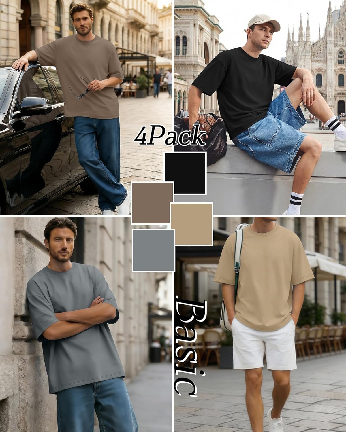 4 Pack Men's Oversized T-Shirts Baggy Short Sleeve Tees Tops Loose Fit Crew Neck Basic Gym Shirts