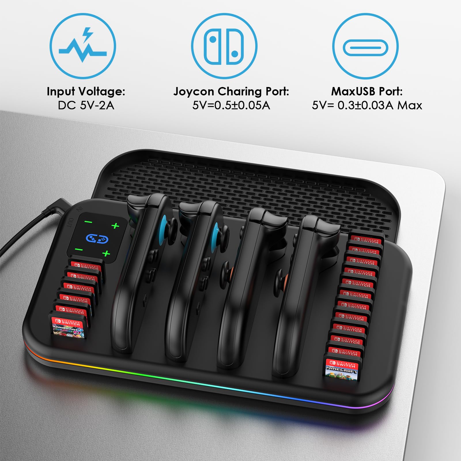 JORREP Supporto per Nintendo Switch 2 con Stazione di Ricarica, Porta Giochi e Dischi, 4 Joy Con in Ricarica, LED di Stato