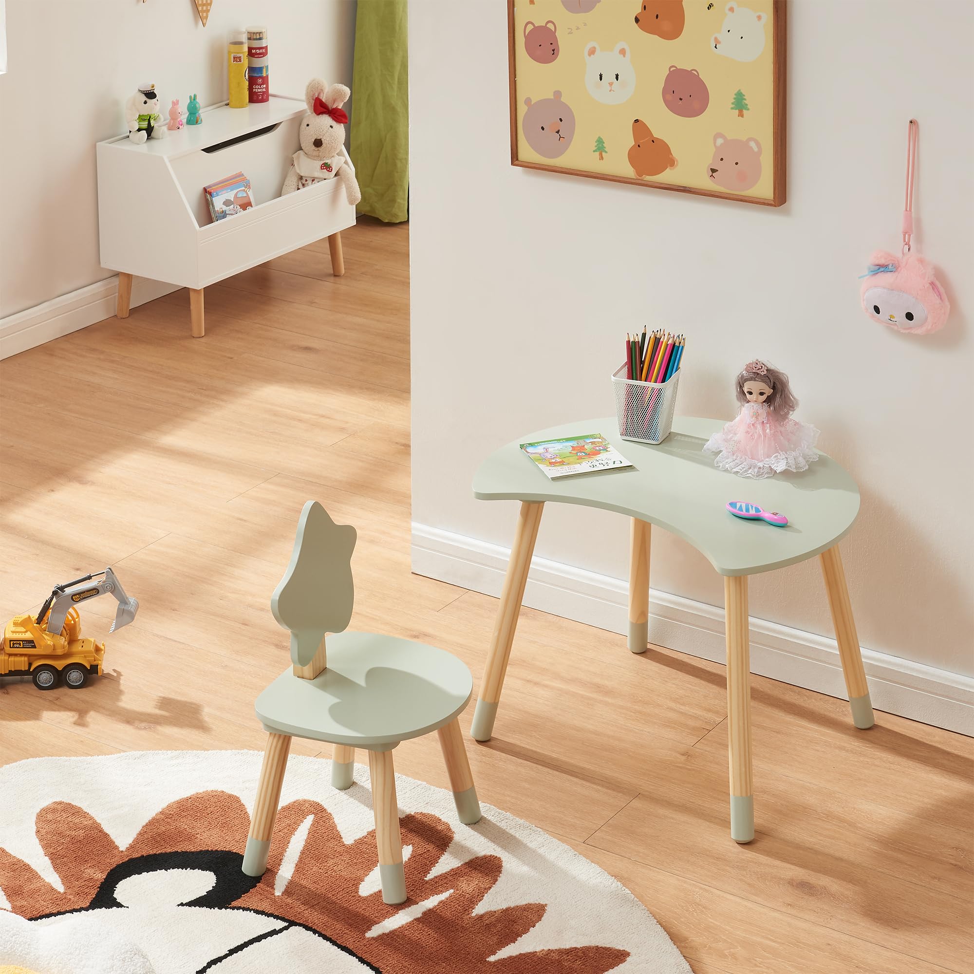 [en.casa] Set di 2 Mobili per Bambini Scrivania e Sedia con Schienale a Forma di Stella per Cameretta Area Gioco Tavolino a Mezzaluna a Misura di Bimbi - Verde Menta/Naturale