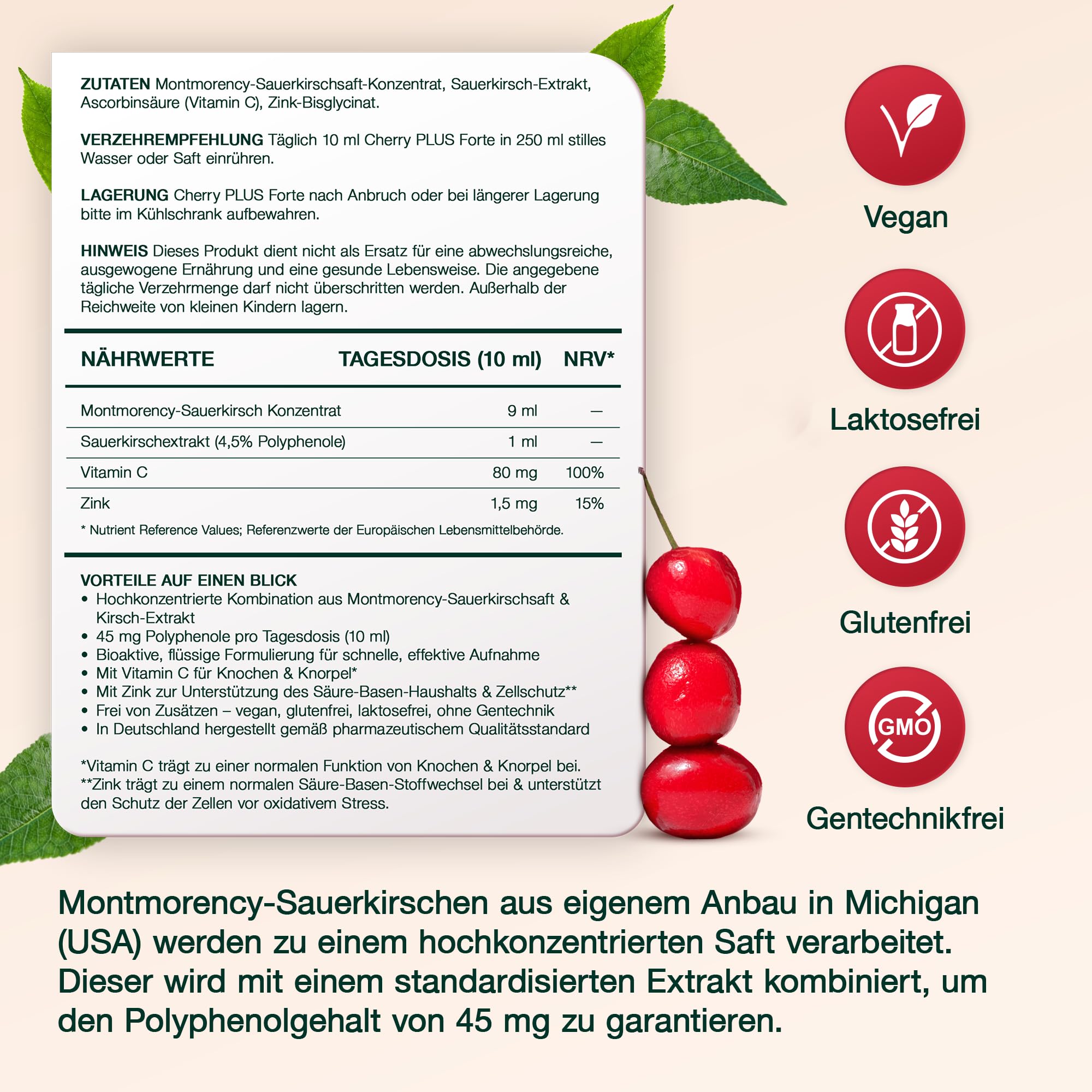 Montmorency Sauerkirschsaft Konzentrat + Sauerkirsch Extrakt - mit Vitamin C für Knochen & Zink für das Immunsystem - Montmorency Sauerkirsche für den Akutfall - Cherry PLUS Forte - 200 ml