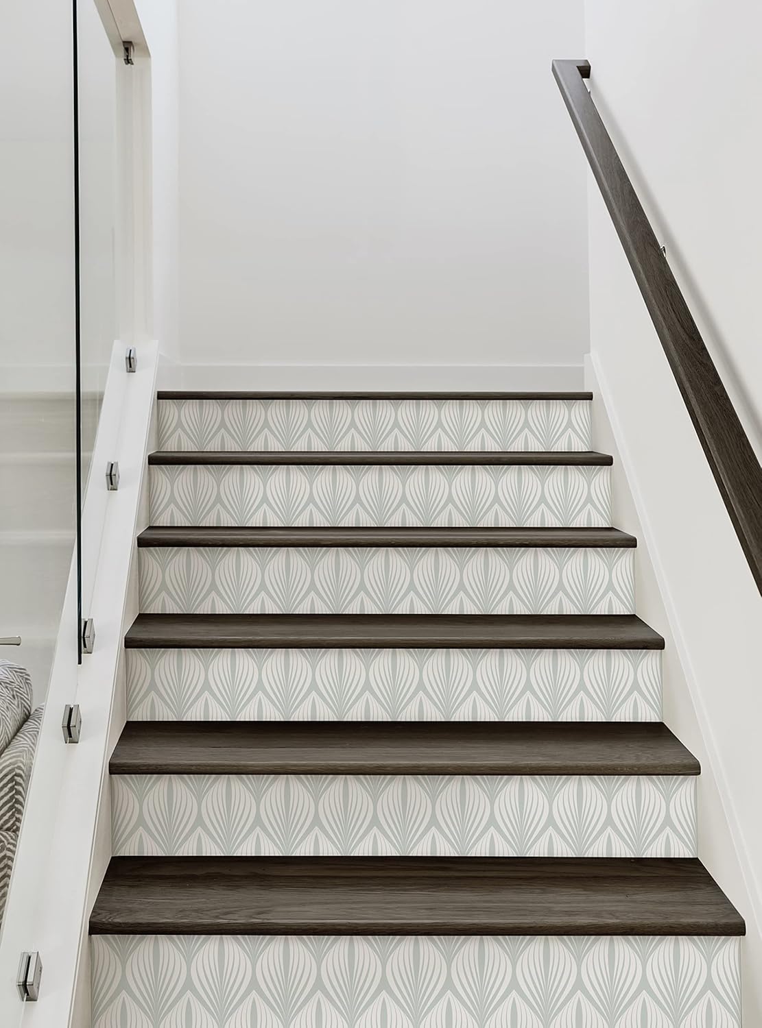 Elegant Modern Leaves Peel and Stick Stair Riser Strips (15 Pack - 48" w x 6.5" h, Sage)