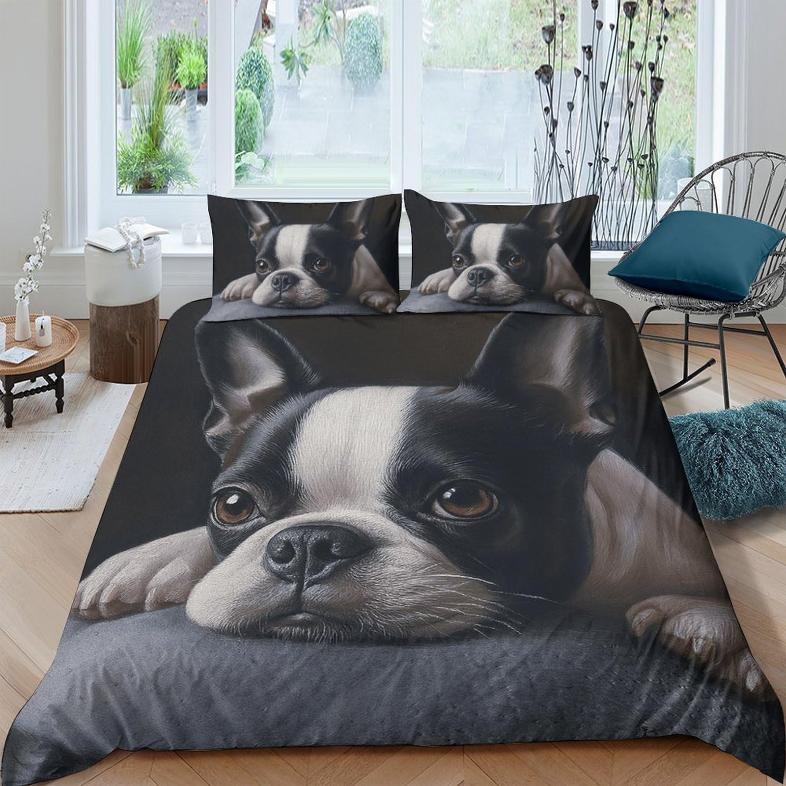 Ctjqhvkz Style-7 3D Printed Boston Terrier Fitted Sheet Microfiber Soft Black White Dog Bed Cover For Bedroom Guest Room Decor Protector Single（135X200cm）