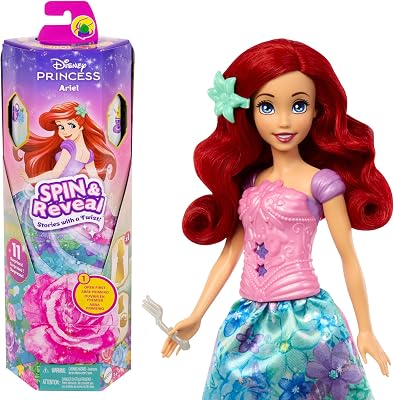 Mattel Disney Princess Spin & Reveal Ariel, Muñeca princesa con falda de flores, incluye 11 sorpresas como 5 accesorios y 5 pegatinas, juguete regalo para niños y niñas +3 años, HTV88