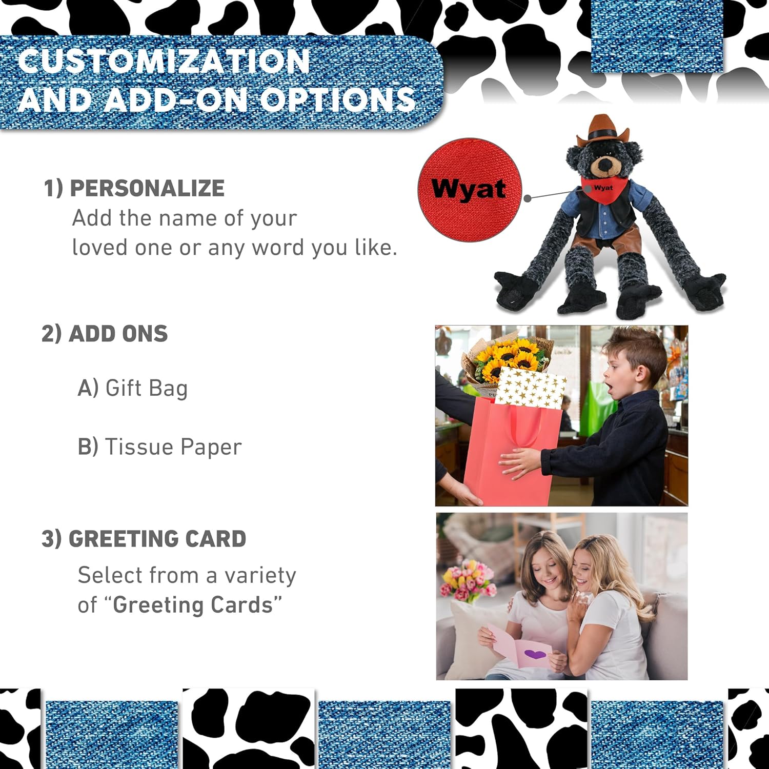 DolliBu Long Arms Black Bear Stuffed Animal Cowboy Plush with Name Personalization - Western-Themed Bear Plush with Cute Cowboy Costume Denim Shirt Vest, Bandana, Leather Pants, and Hat - 21 Inches
