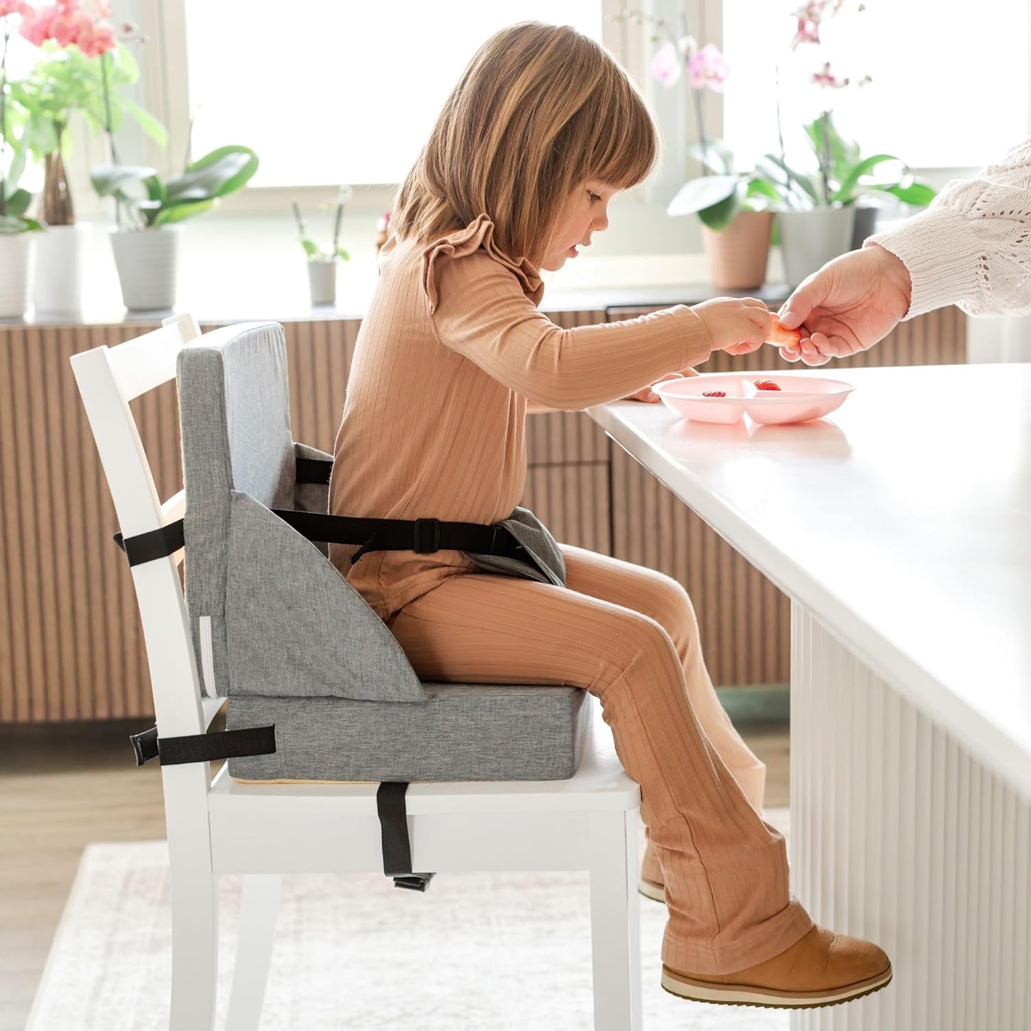 Toddler Booster Seat for Dining Table Kitchen Chair - High Portable Cushion Child Kids Seats, Restaurant Eating Chair with Adjustable Straps & Non-Slip Base