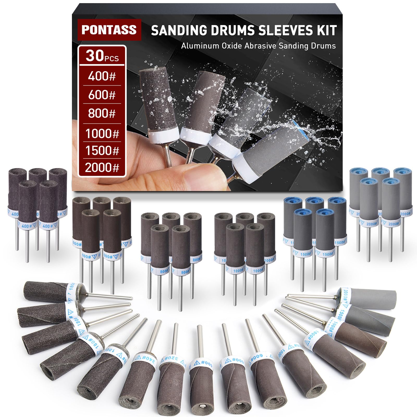 30 Stück Schleifhülsen Satz für Dremel Rotationswerkzeug mit 3mm Schaft 400/600/800/1000/1500/2000 Korn Schleifaufsätze, Schleifwalzen für Schleifen & Rosten Metallkante-Abreiben Stein Holz Schleifen