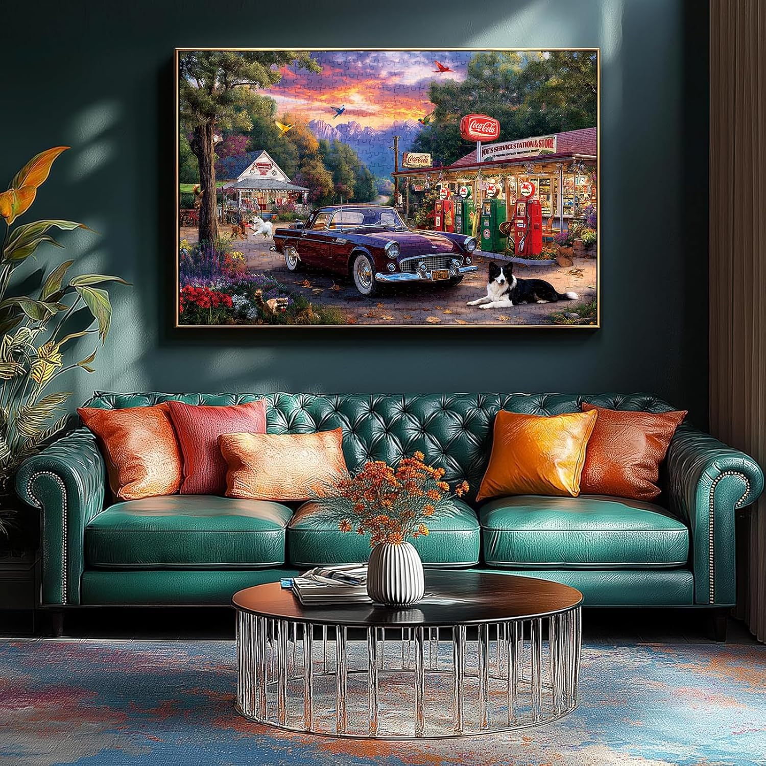 LUXDIVINA 2000 Piece Puzzle for Adults, Puzzles for Adults 2000 Pieces, Retro Gas Station Car Dog Country Jigsaw Puzzles, Family Fun Puzzle Perfect for Game Nights, 39" X 28"