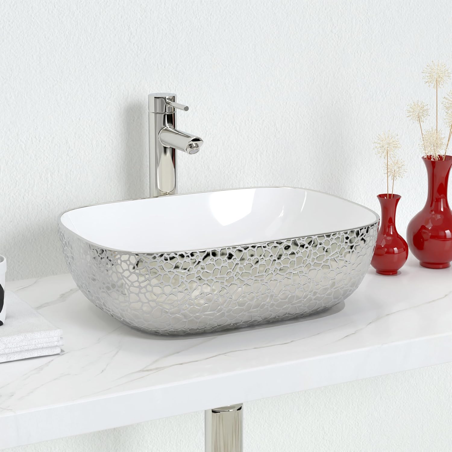 J-FAMILY 18.3'' x 13'' Bathroom Vessel Sink Leopard Texture Silver Ceramic Sink Bowl Above Counter Vanity Sink Bathroom Artistic Wash Basin white with leopard silver